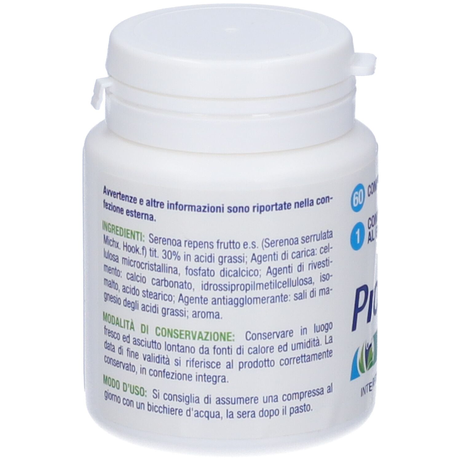 Flacone bianco con tappo blu. Scritta: Prostat Act, 60 compresse, 1 compressa al giorno. Elenco ingredienti e avvertenze.