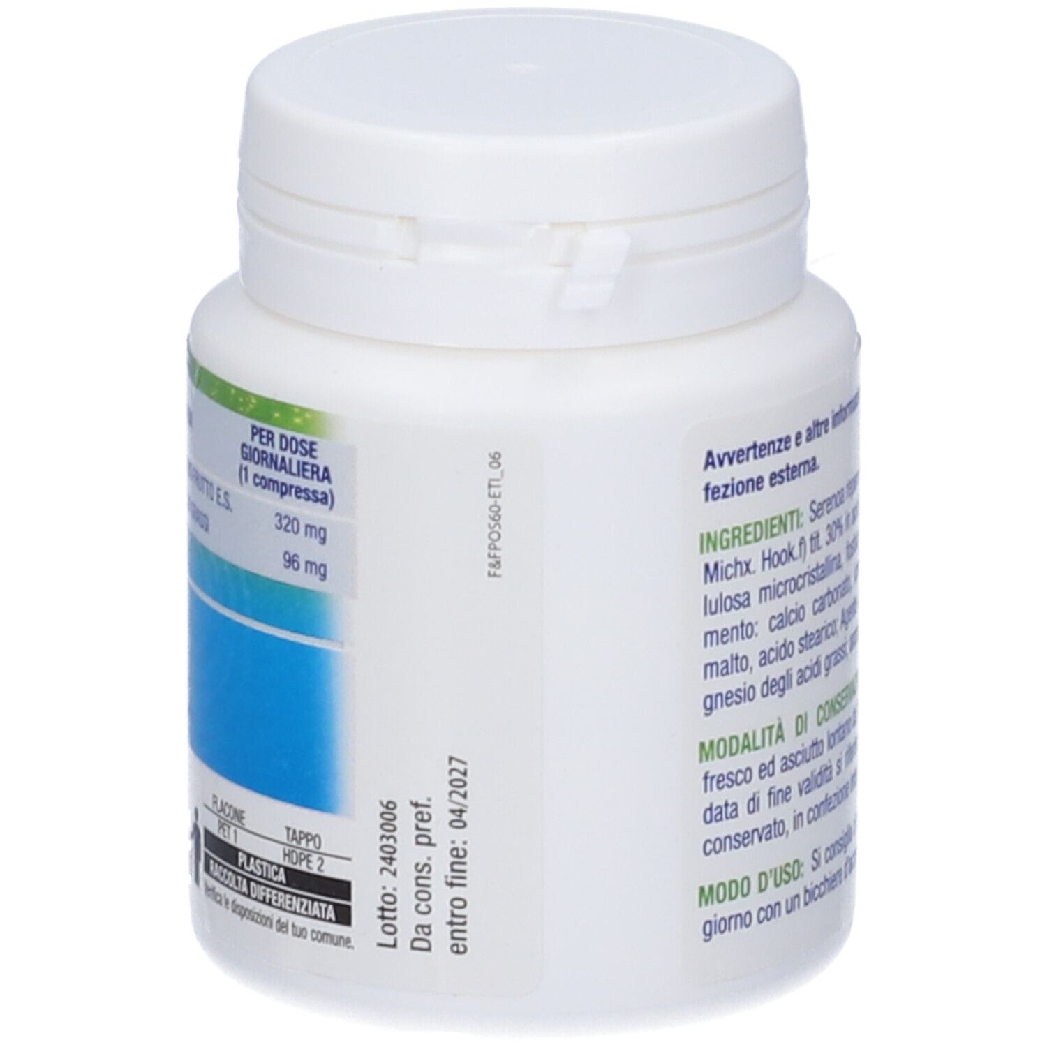 Flacone bianco con tappo blu. Scritta: Prostat Act, 60 compresse, 1 compressa al giorno. Informazioni sul dosaggio e la conservazione.