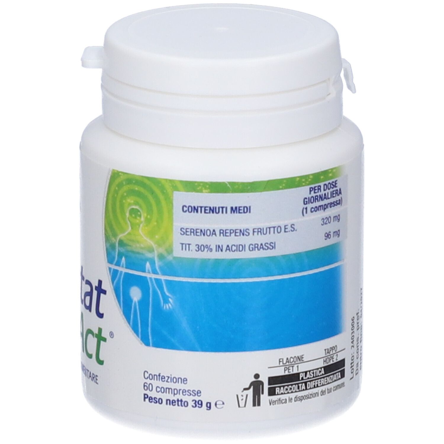 Flacone bianco con tappo blu. Scritta: Prostat Act, 60 compresse, 1 compressa al giorno. Ingredienti medi.