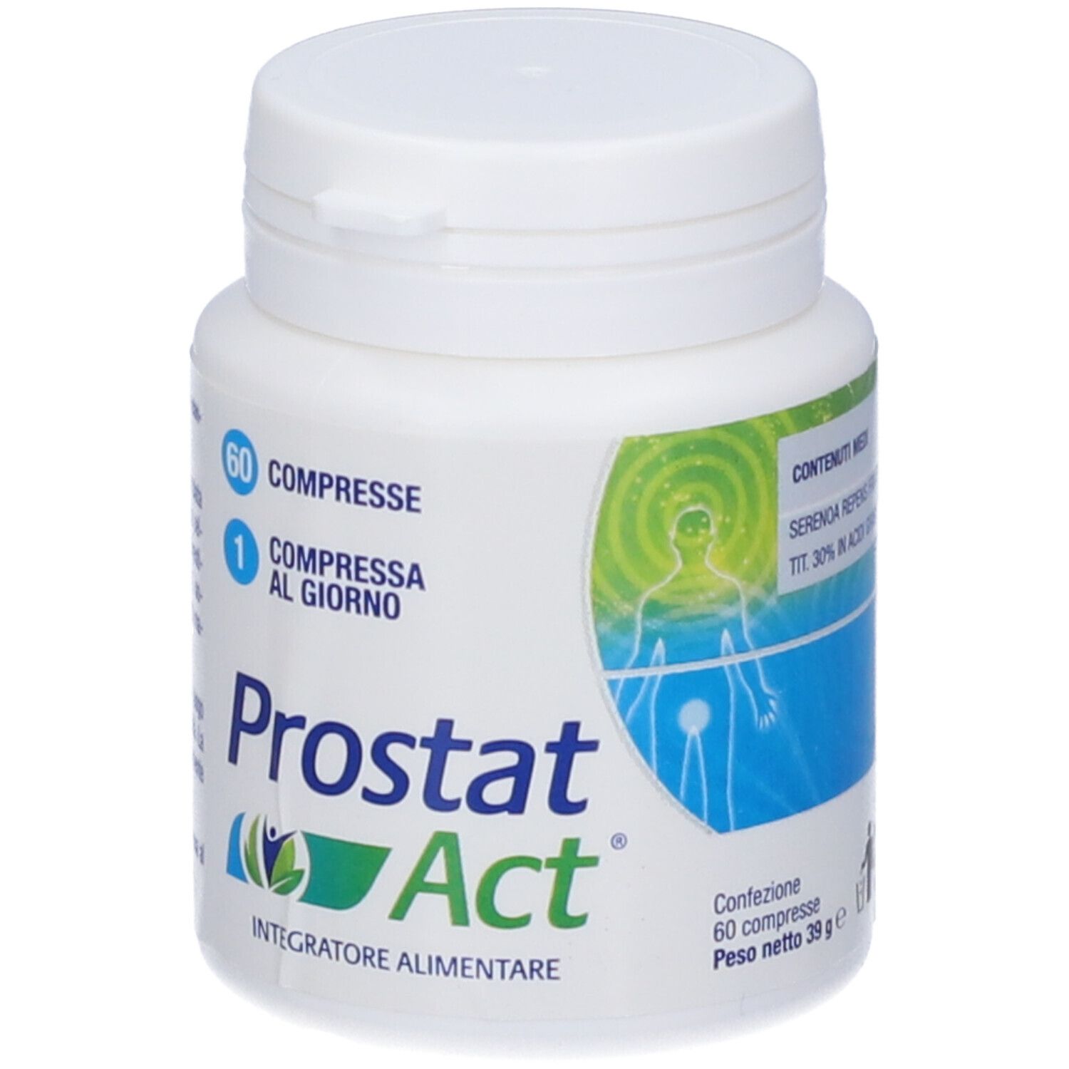 Flacone bianco con tappo blu. Scritta: Prostat Act, 60 compresse, 1 compressa al giorno. Integratore alimentare.