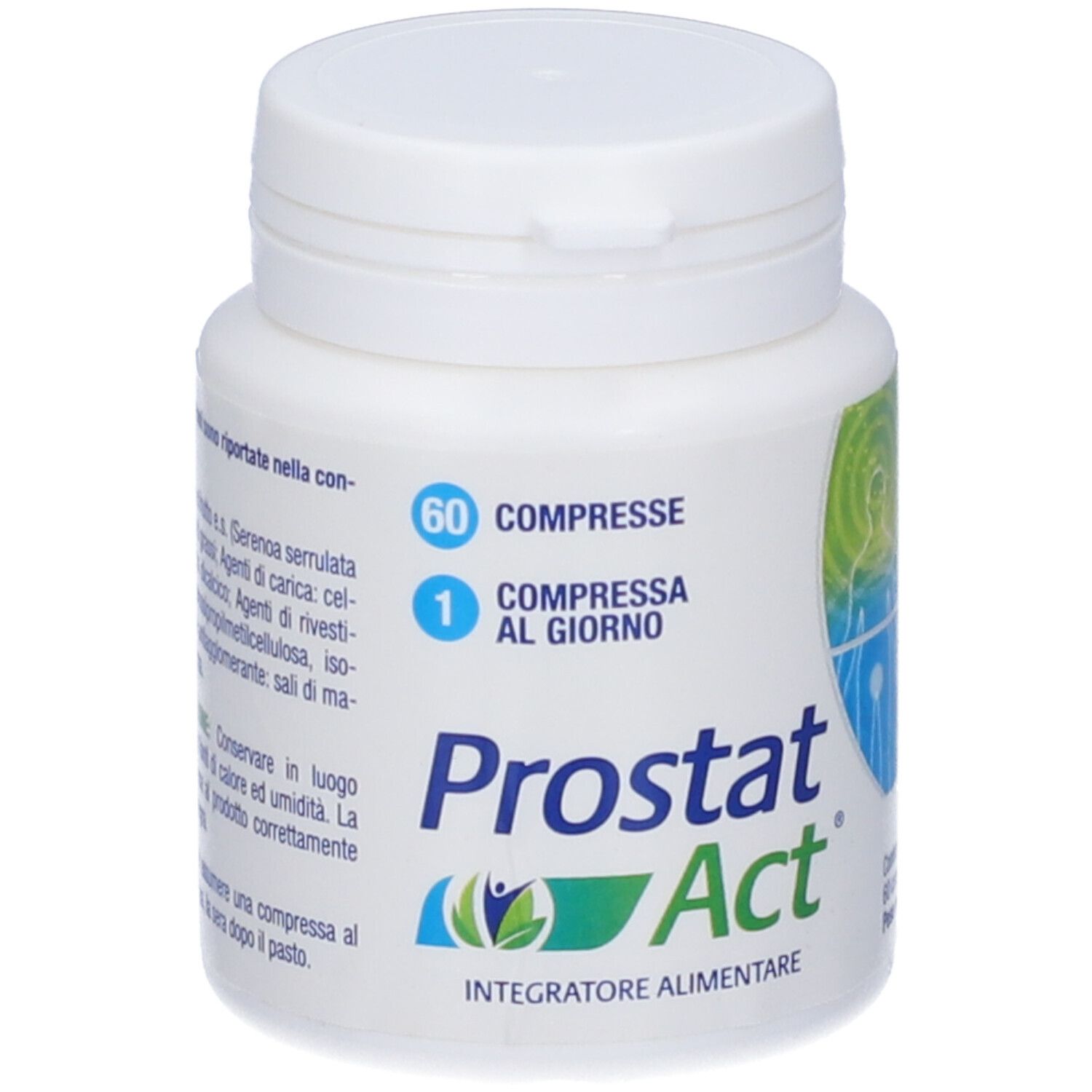 Flacone bianco con tappo blu. Scritta: Prostat Act, 60 compresse, 1 compressa al giorno. Integratore alimentare.