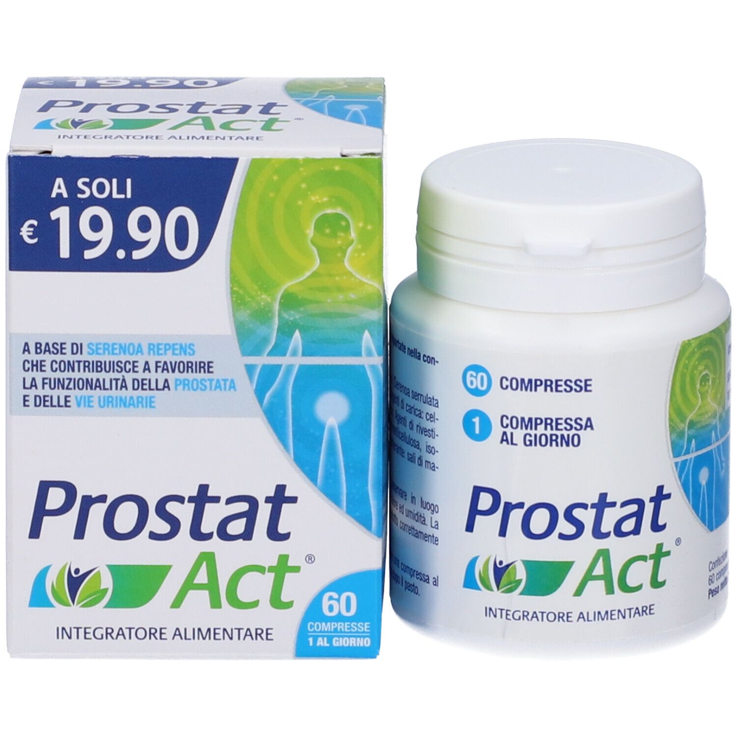 Confezione del prodotto con flacone e scatola. Scritta: Prostat Act, 60 compresse. Prezzo: 19,90€.