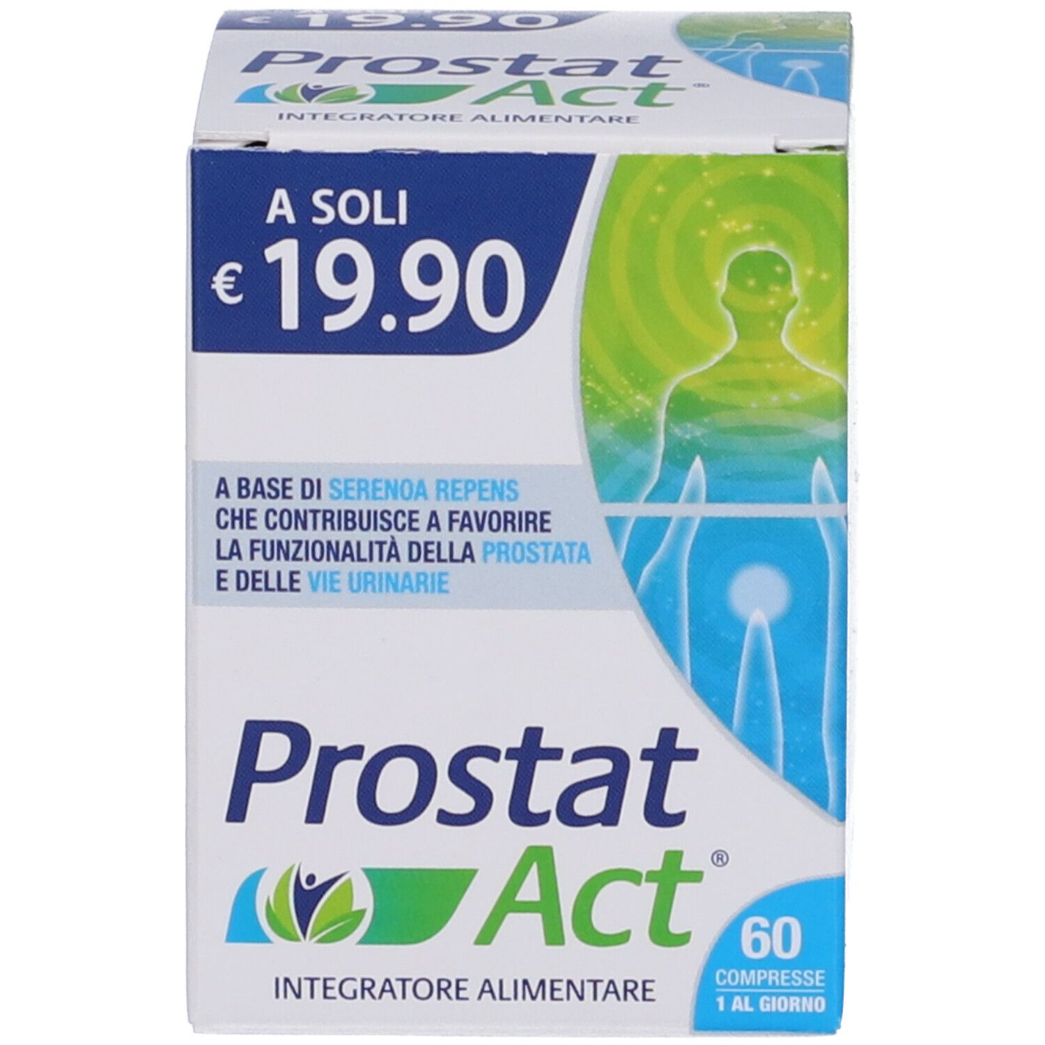 Confezione del prodotto, scatola. Scritta: Prostat Act, 60 compresse. Prezzo: 19,90€. Descrizione per la prostata.