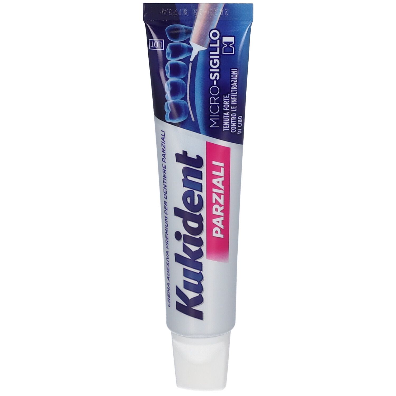 Tubo di crema adesiva per dentiere parziali. Marchio e testo in italiano. Colori bianco e blu.
