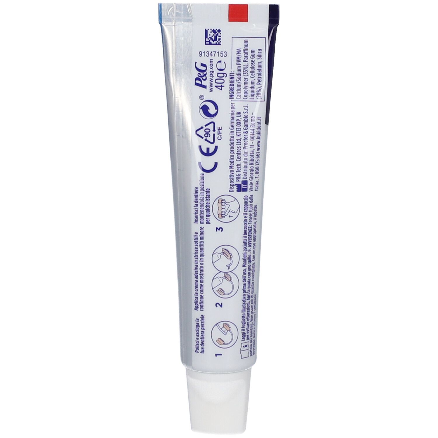 Retro del tubo di crema adesiva con informazioni e istruzioni. Contiene testo e simboli.