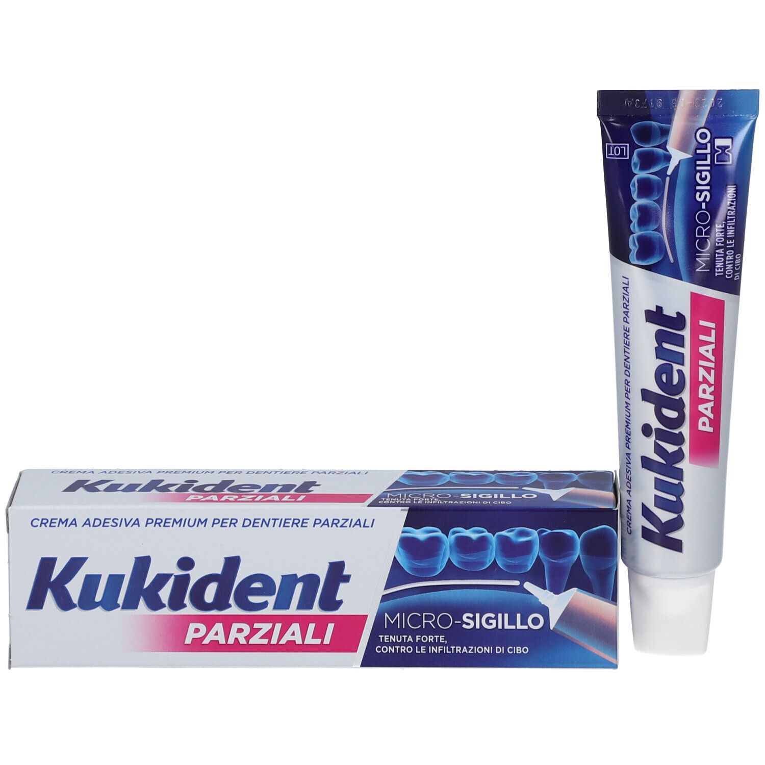 Tubo e scatola di crema adesiva per dentiere parziali. Marchio e testo in italiano. Blu e bianco.