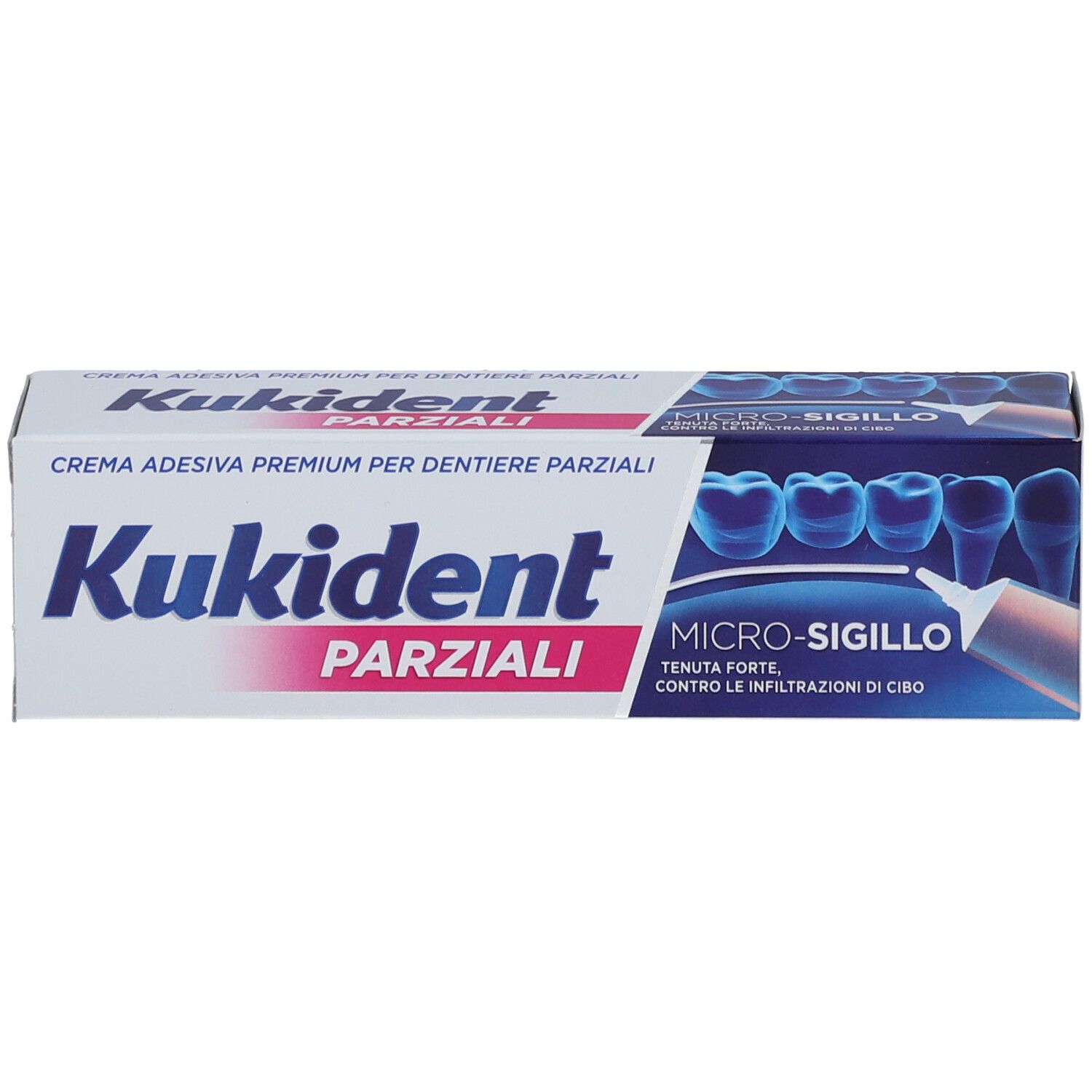 Scatola di crema adesiva per dentiere parziali. Marchio e testo in italiano. Blu e bianco.