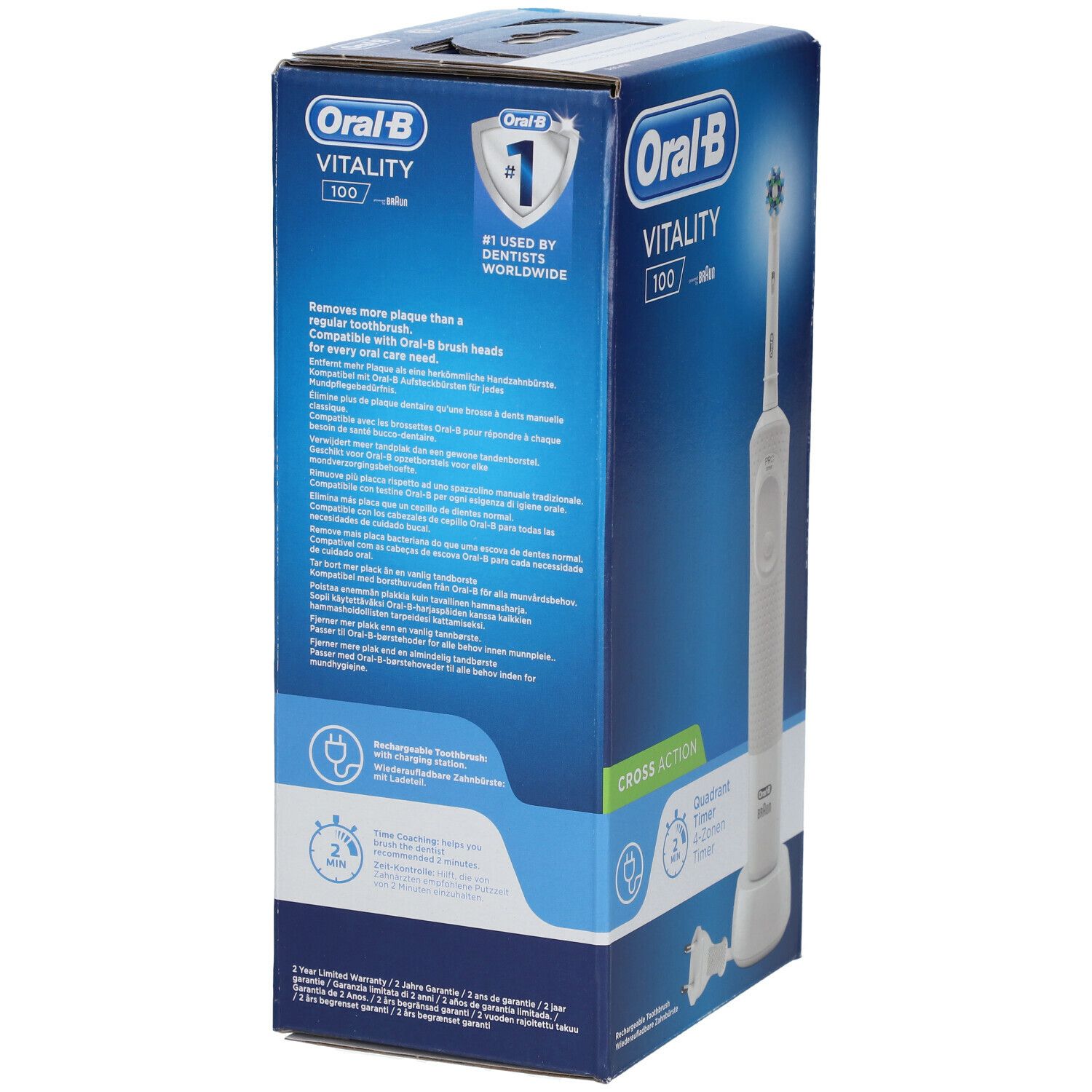 Retro della confezione dello spazzolino elettrico Oral-B Vitality 100. Testo multilingue. Illustrazione del prodotto.