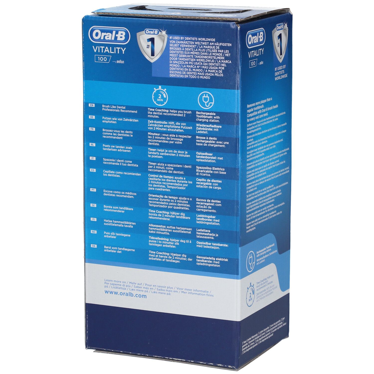 Retro della confezione dello spazzolino elettrico Oral-B Vitality 100. Testo multilingue. Caratteristiche del prodotto.