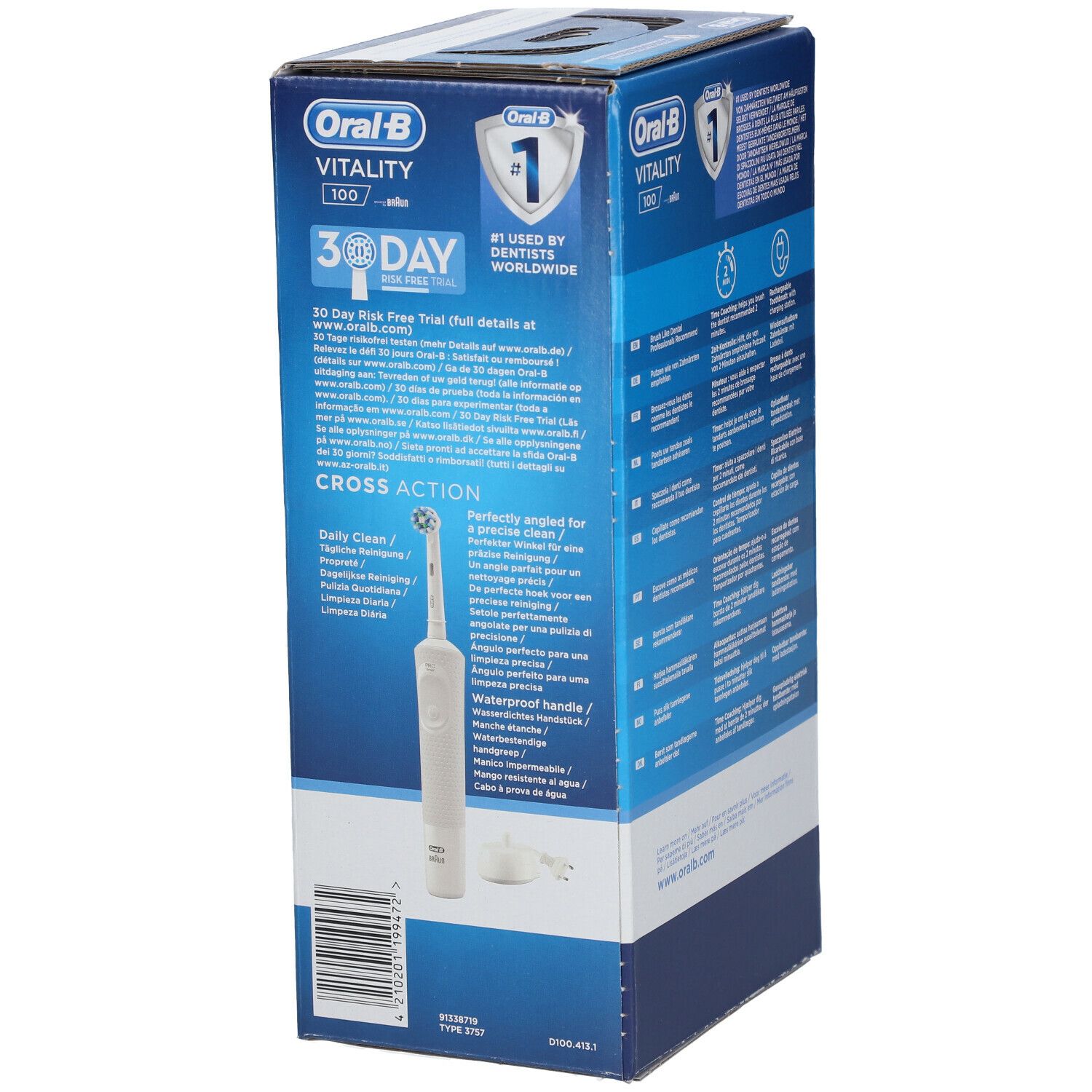 Confezione dello spazzolino elettrico Oral-B Vitality 100. Prodotto e caratteristiche illustrate. Garanzia soddisfatti o rimborsati 30 giorni.