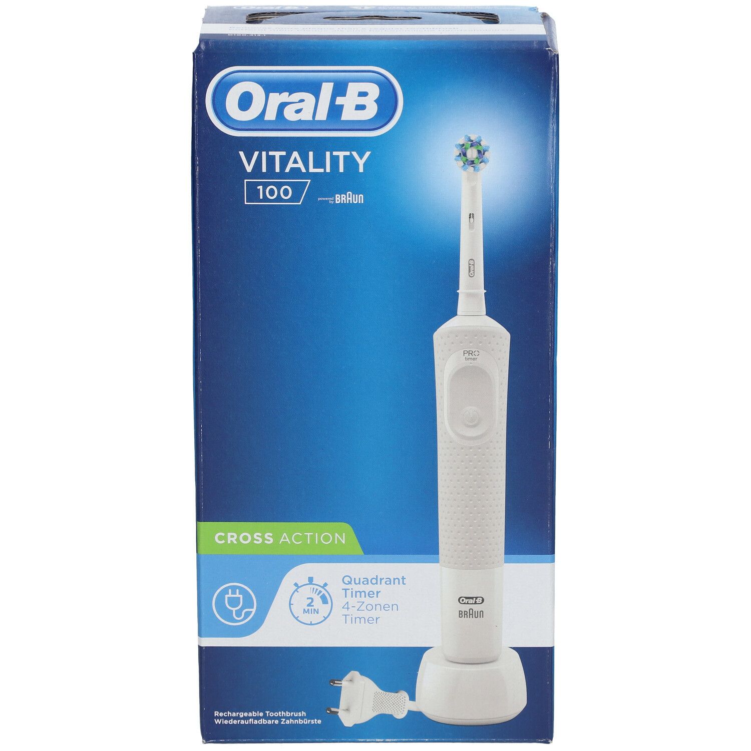 Spazzolino elettrico Oral-B Vitality 100 CrossAction in confezione. Corpo bianco, base di ricarica, timer 2 minuti.