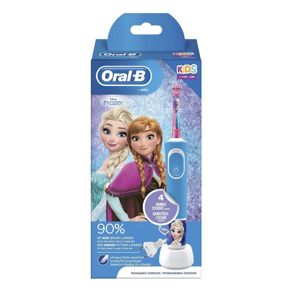 Spazzolino blu con personaggi Frozen, confezionato. Include adesivi. Logo Oral-B e Disney.