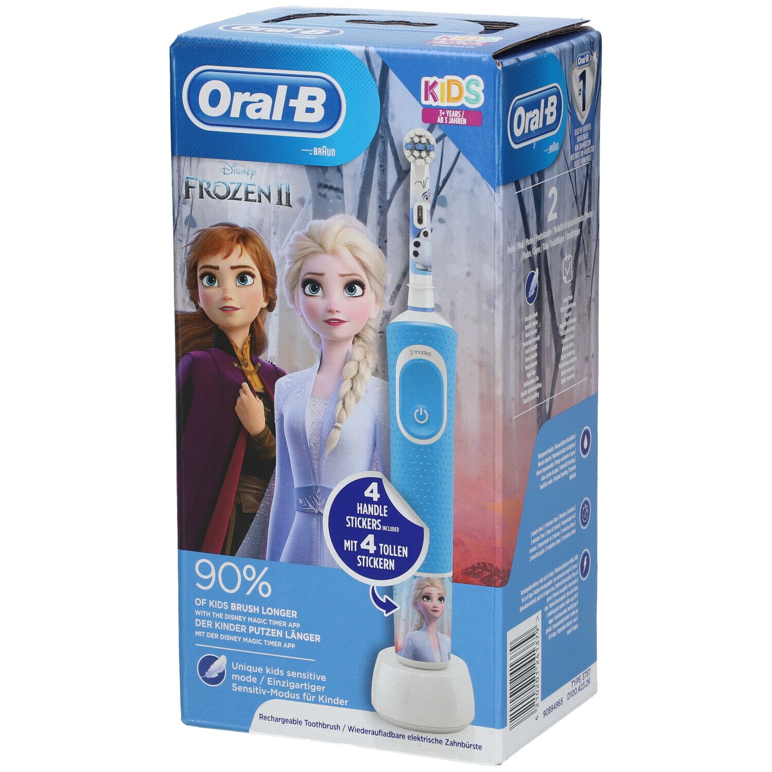 Spazzolino blu Frozen, confezionato. Elsa e Anna. Adesivi inclusi. Logo Oral-B.