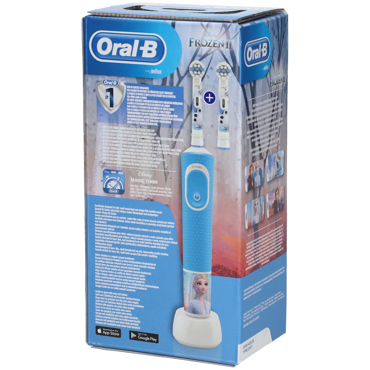 Retro confezione spazzolino. Spazzolino blu, due testine. Logo Oral-B, illustrazioni Frozen.