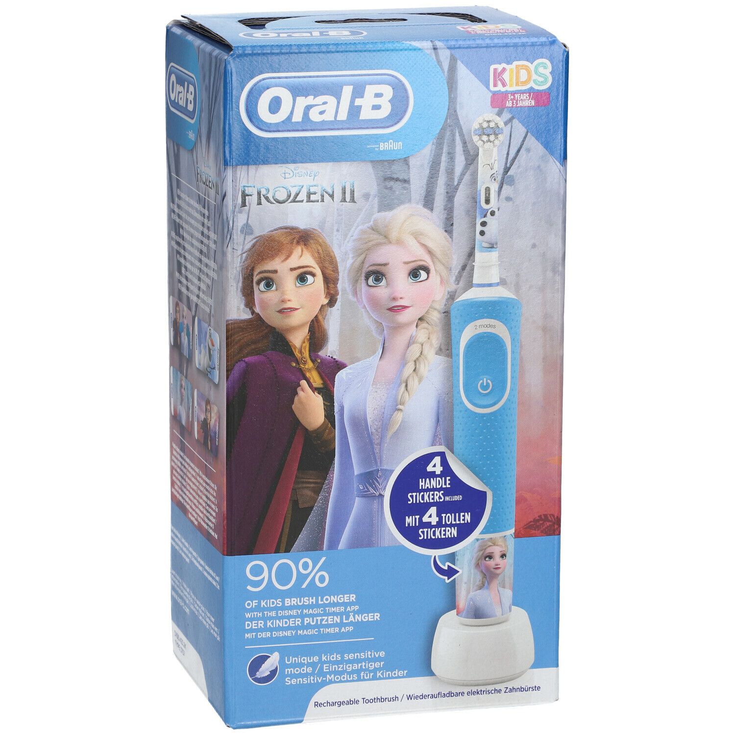Spazzolino Frozen, confezionato. Spazzolino blu, Elsa e Anna. Adesivi inclusi. Logo Oral-B.
