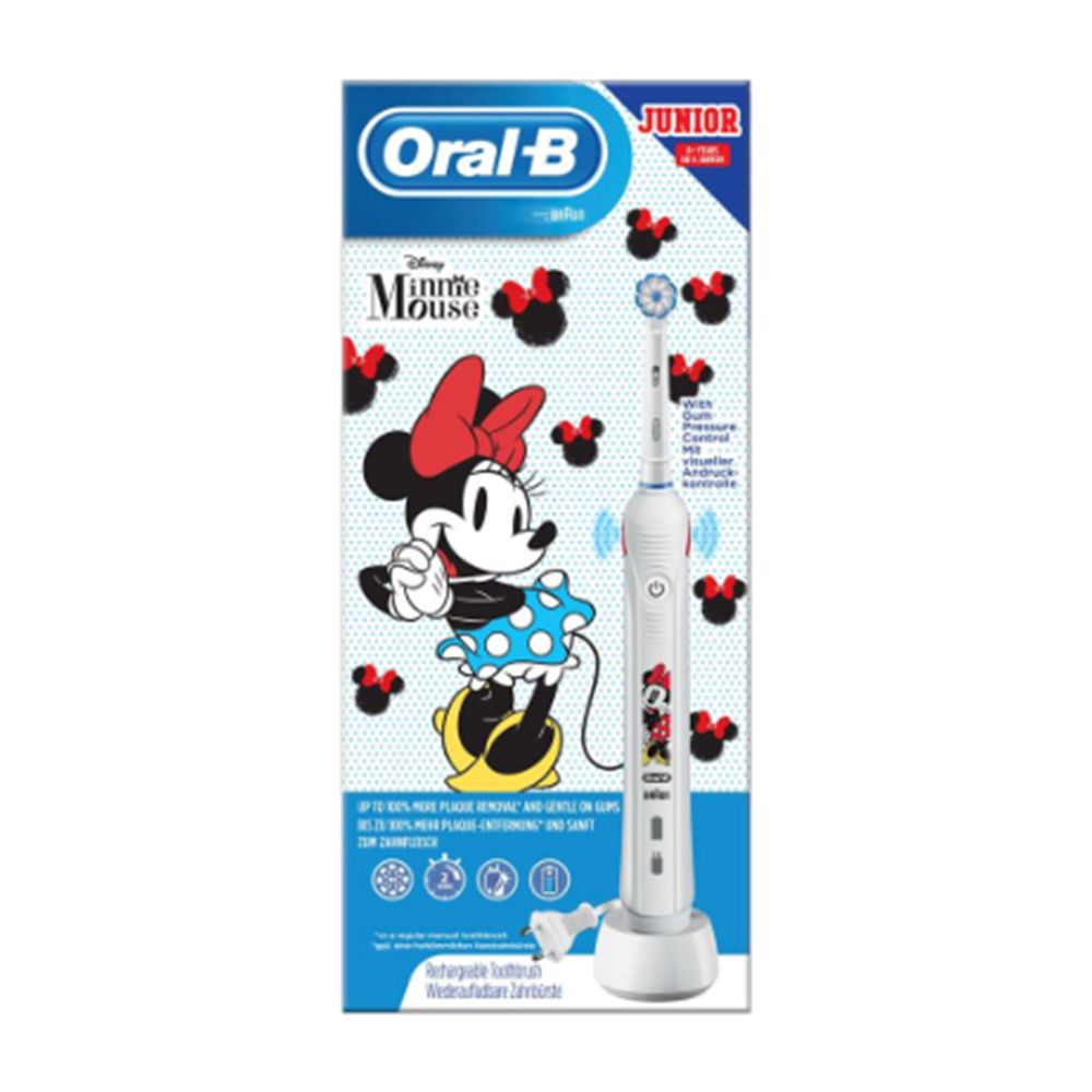 Spazzolino elettrico con base di ricarica. Design Minnie Mouse. Sulla confezione è scritto Oral-B Junior.