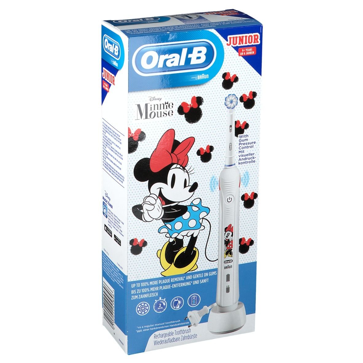 Spazzolino elettrico e base di ricarica nella confezione. Design Minnie Mouse. Confezione Oral-B Junior.