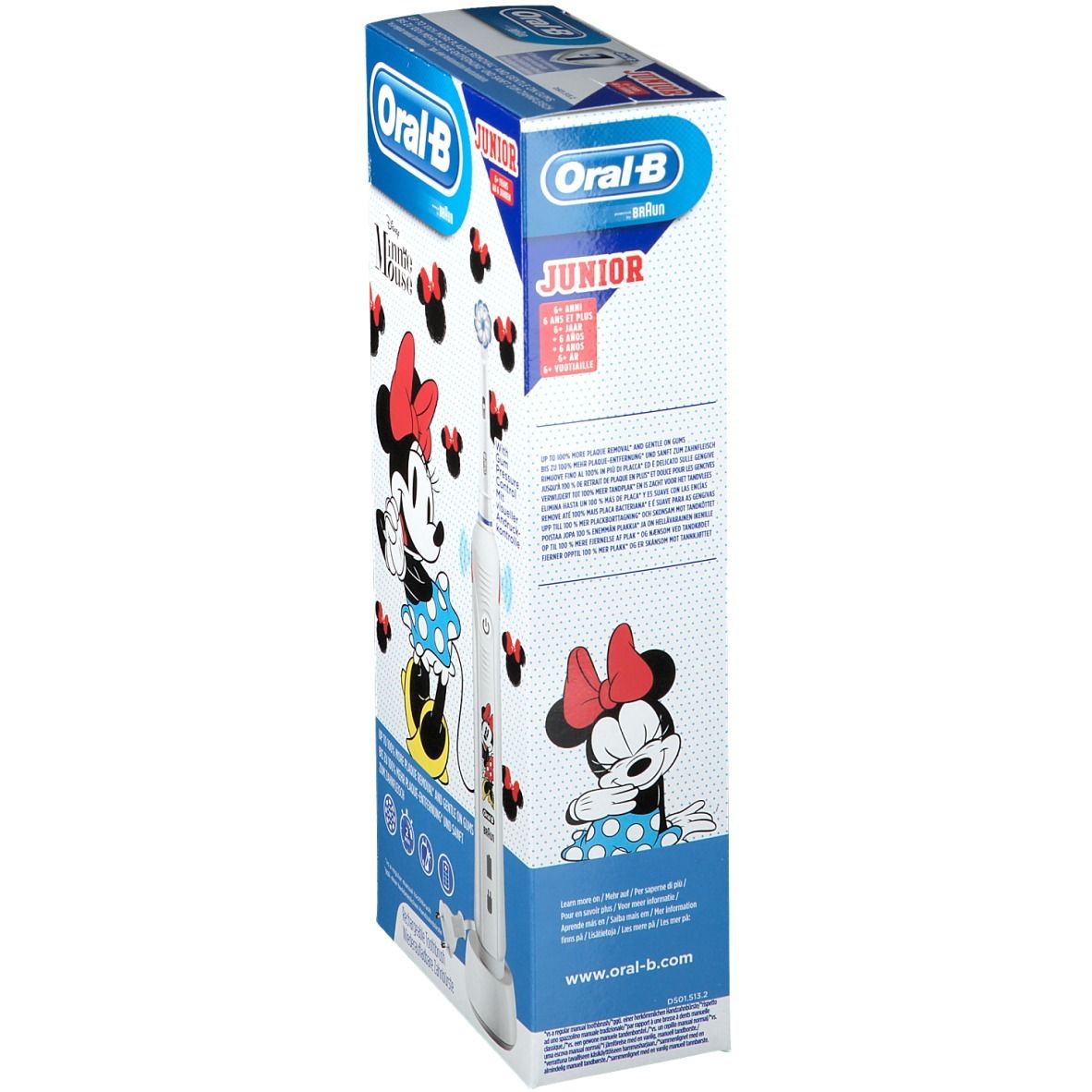 Confezione dello spazzolino elettrico. Lato con design Minnie Mouse e testo. Oral-B Junior.