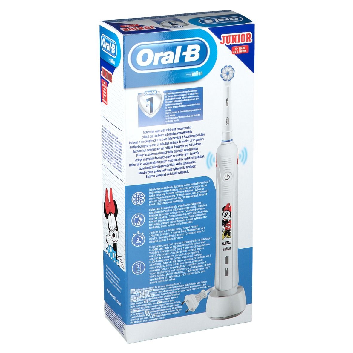 Retro della confezione dello spazzolino elettrico. Informazioni e illustrazioni. Oral-B Junior.