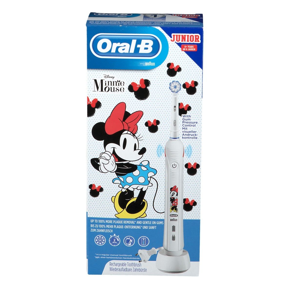 Spazzolino elettrico e confezione. Design Minnie Mouse. Confezione Oral-B Junior.