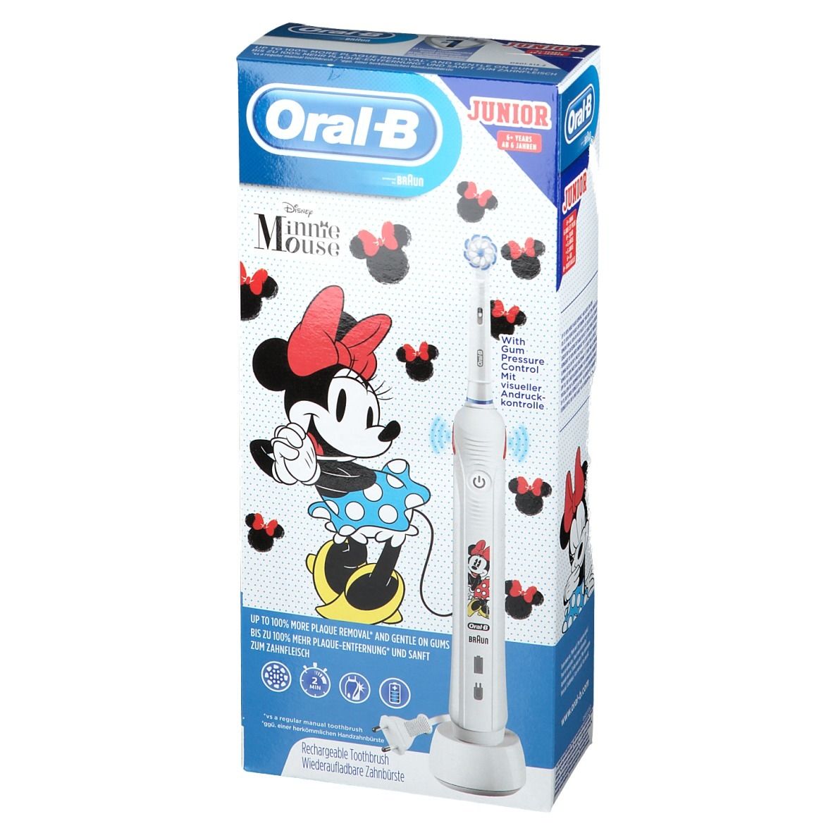 Spazzolino elettrico e confezione. Design Minnie Mouse. Confezione Oral-B Junior.