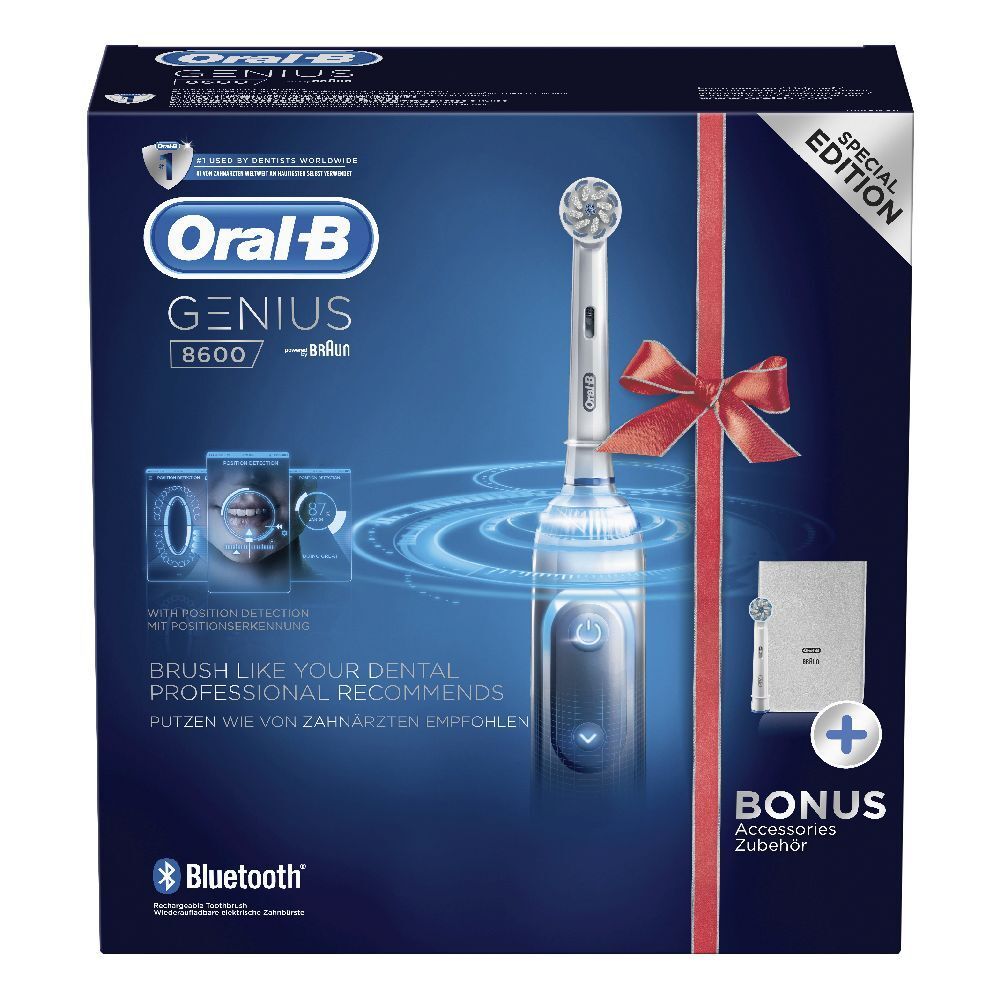 Confezione regalo Oral-B Genius 8600 Special Edition. Include spazzolino, accessori e brochure. Scatola blu con fiocco.