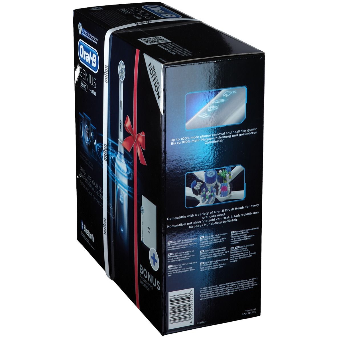 Retro della confezione Oral-B Genius 8600 Special Edition. Contiene informazioni e illustrazioni. Scatola blu con nastro bianco.