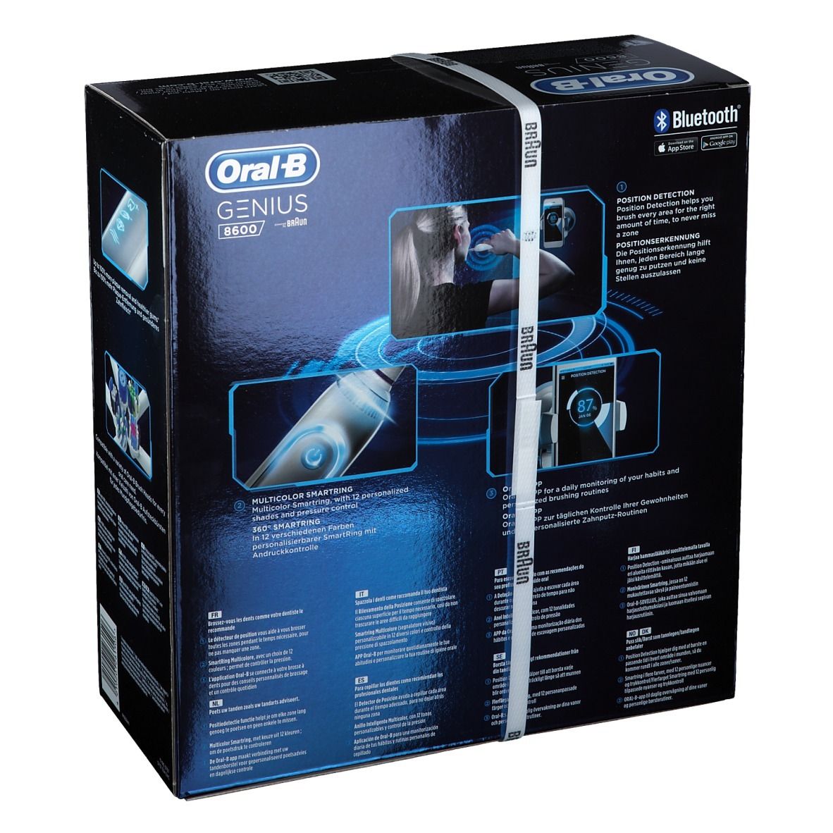 Retro della confezione Oral-B Genius 8600 Special Edition. Contiene informazioni e illustrazioni. Scatola blu con nastro bianco.
