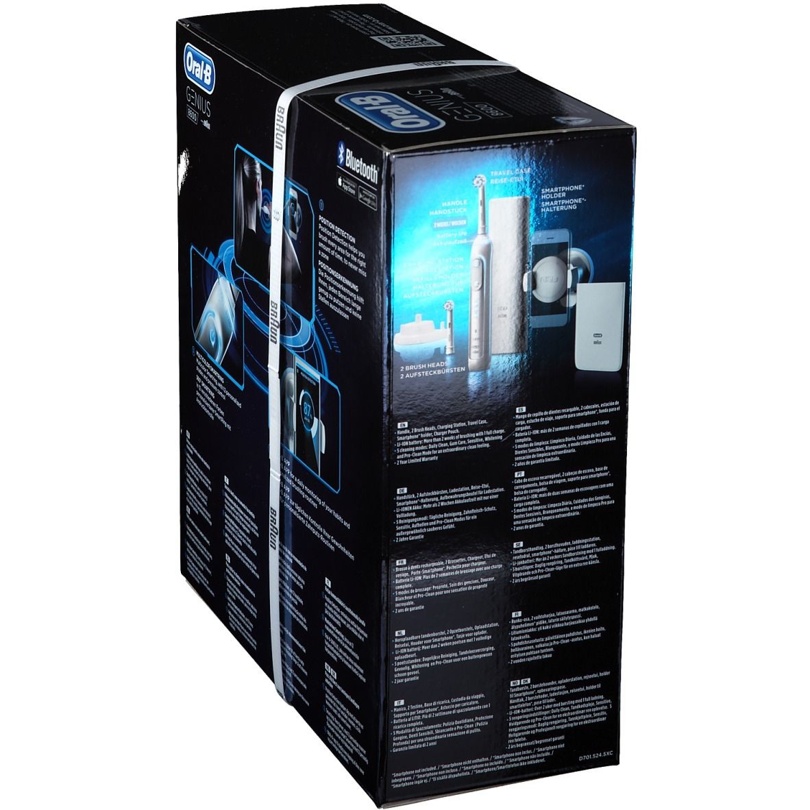 Retro della confezione Oral-B Genius 8600 Special Edition. Contiene informazioni e illustrazioni. Scatola blu con nastro bianco.