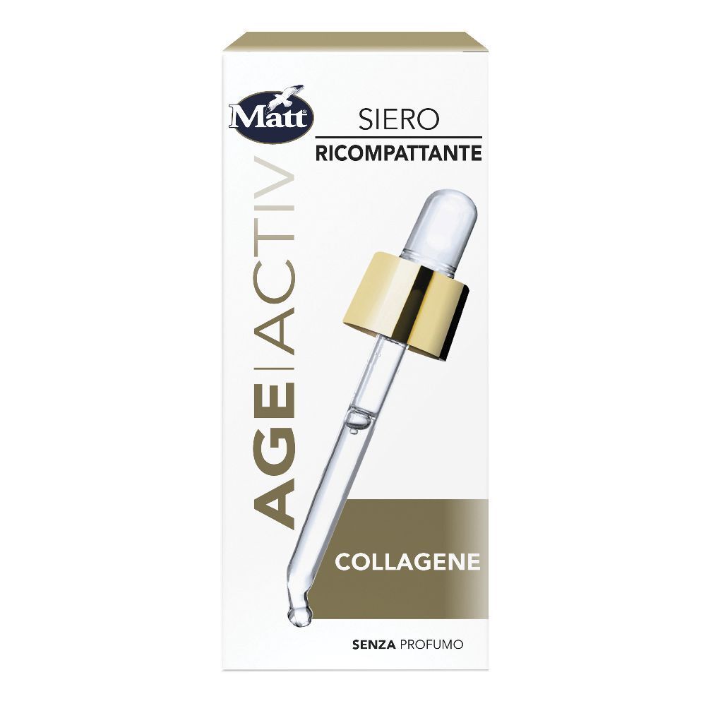 Confezione con prodotto e pipetta. Scritta: AGE ACTIV, Collagene, SENZA PROFUMO. Marchio: Matt.