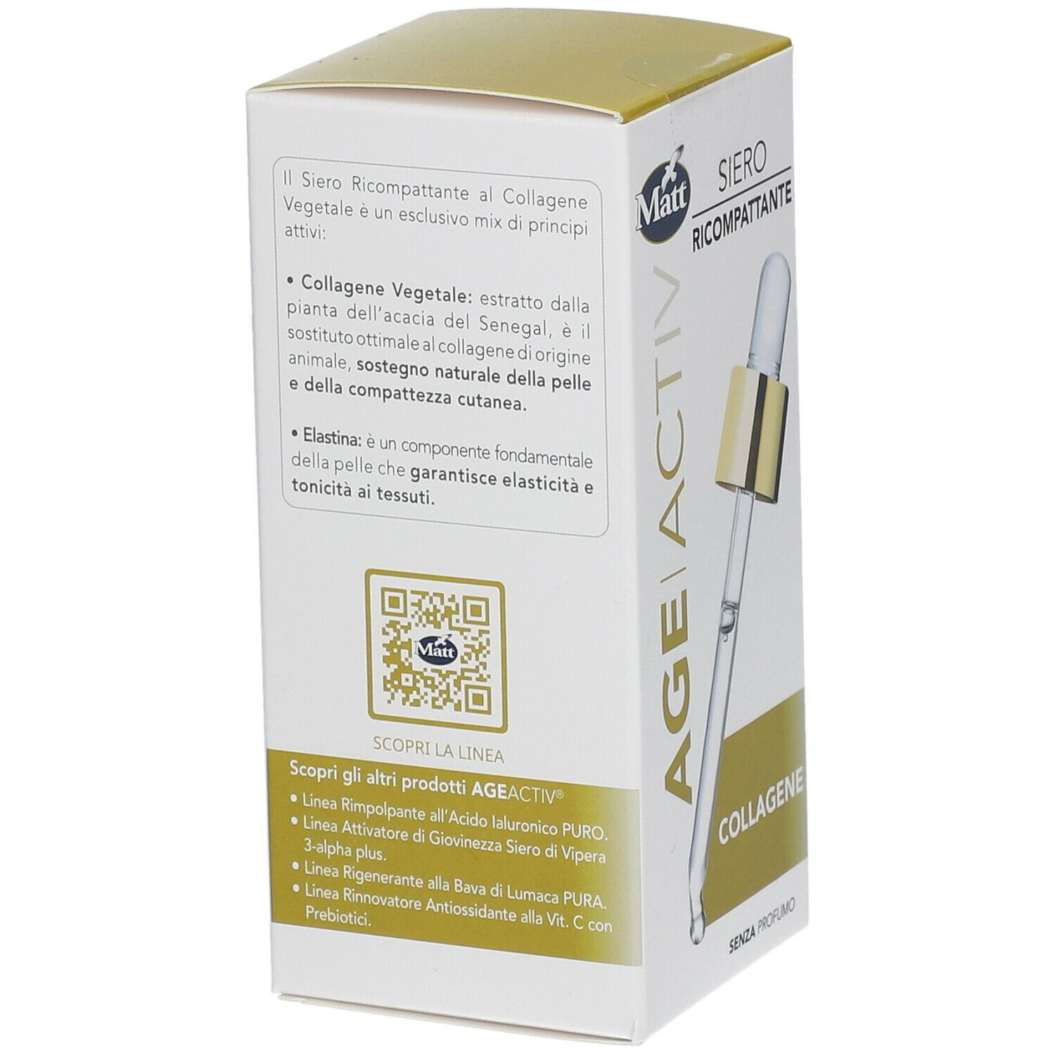 Confezione del prodotto con pipetta. Scritta: AGE ACTIV, Collagene. Marchio: Matt. Testo e codice QR sulla confezione.