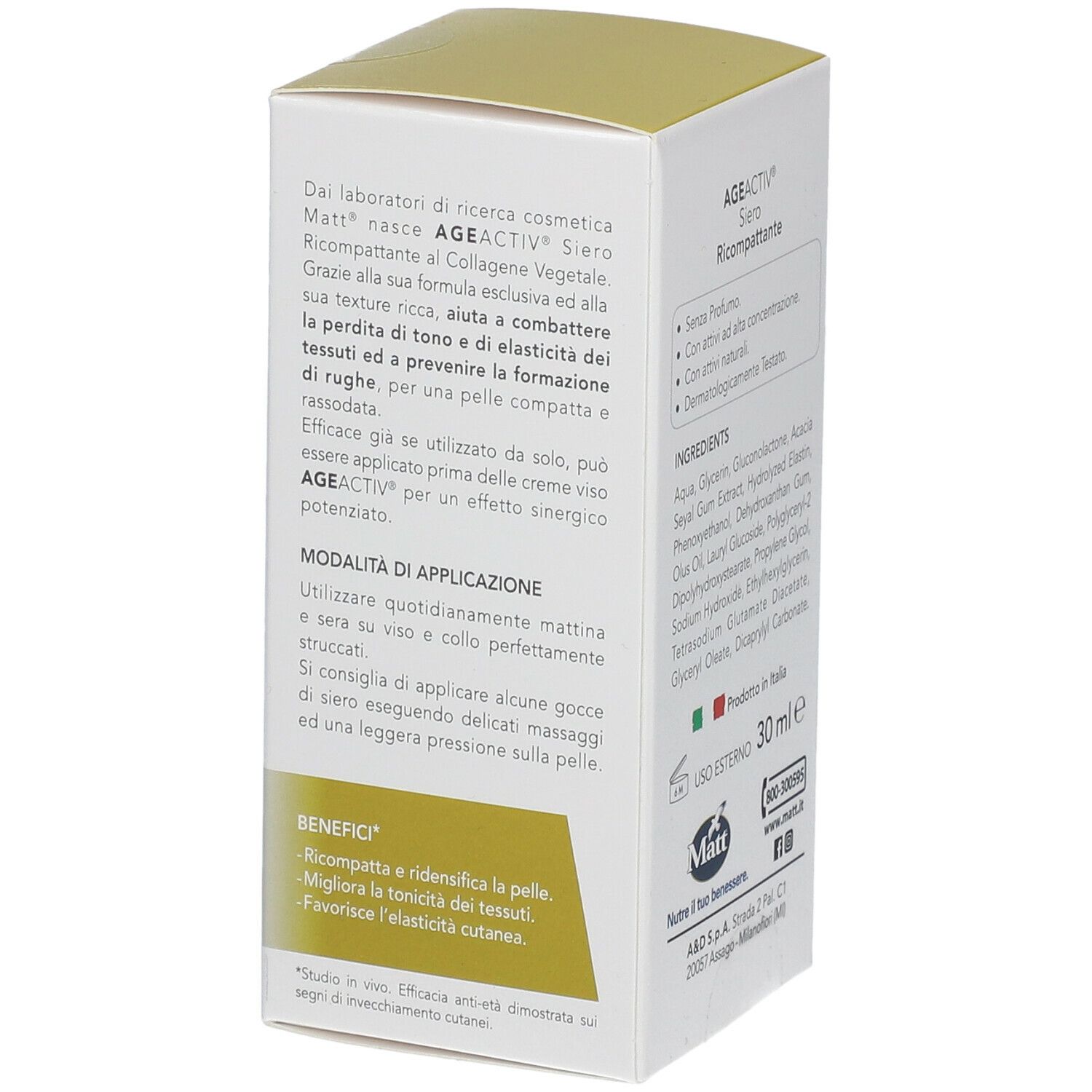 Confezione del prodotto con pipetta. Scritta: AGE ACTIV, Collagene. Marchio: Matt. Testo e 30 ml.