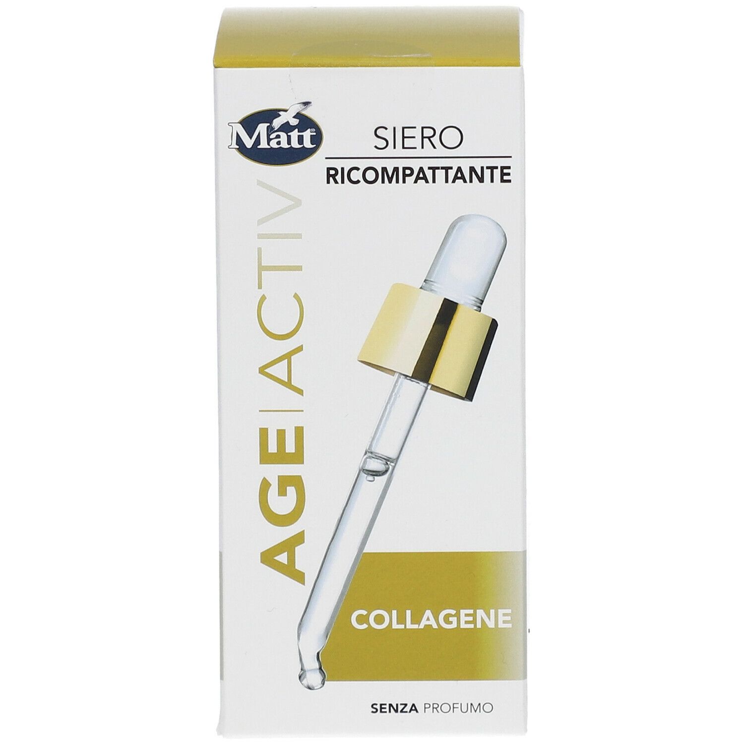Confezione del prodotto con pipetta. Scritta: AGE ACTIV, Collagene, SENZA PROFUMO. Marchio: Matt.