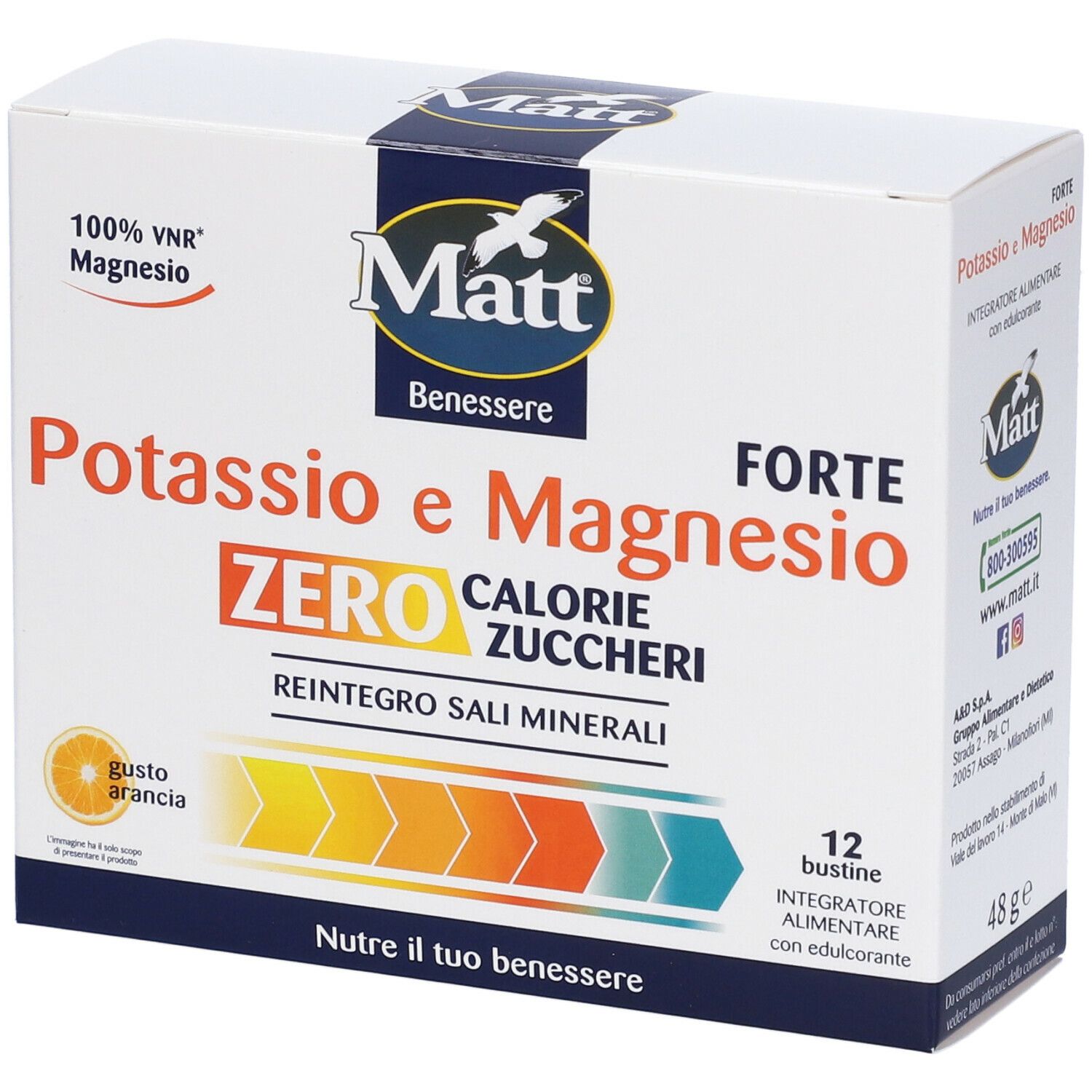 Scatola bianca con logo e nome del prodotto. Contiene 12 bustine. Scritto: Potassio e Magnesio Forte, Zero Calorie Zuccheri.