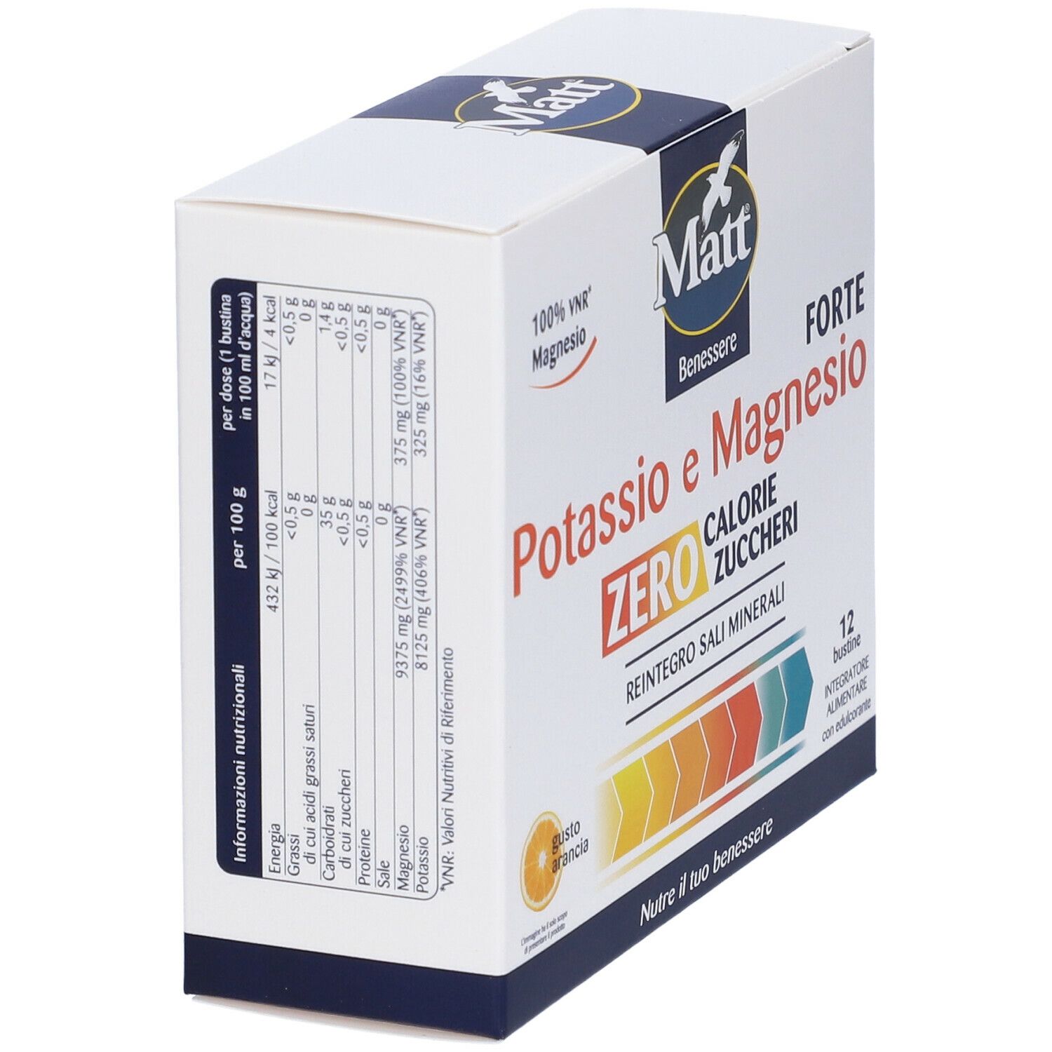 Scatola bianca con informazioni sul prodotto. Contiene 12 bustine. Scritto: Potassio e Magnesio Forte, Zero Calorie Zuccheri.