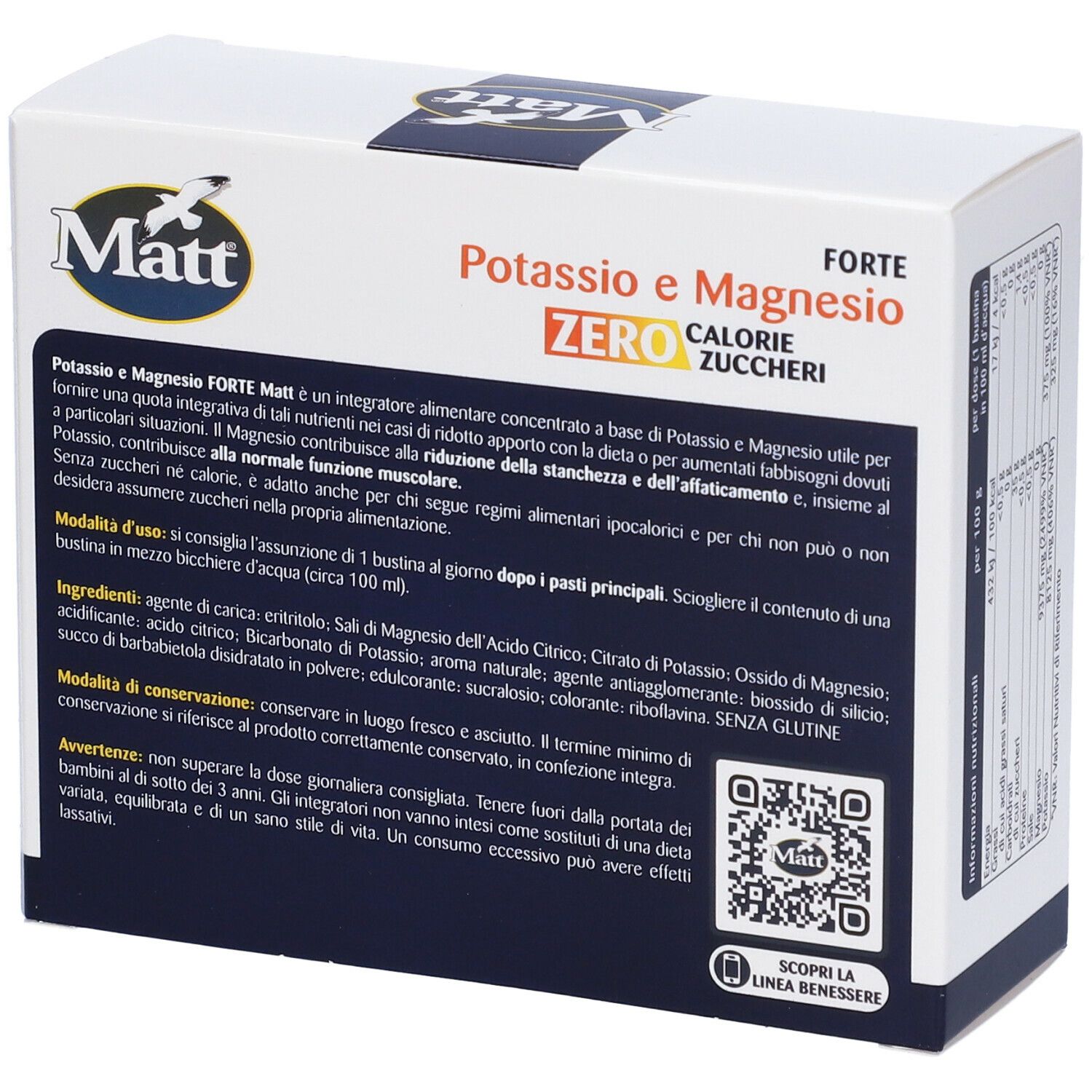 Scatola bianca con informazioni sul prodotto. Scritto: Potassio e Magnesio Forte, Zero Calorie Zuccheri. Contiene ingredienti e uso.