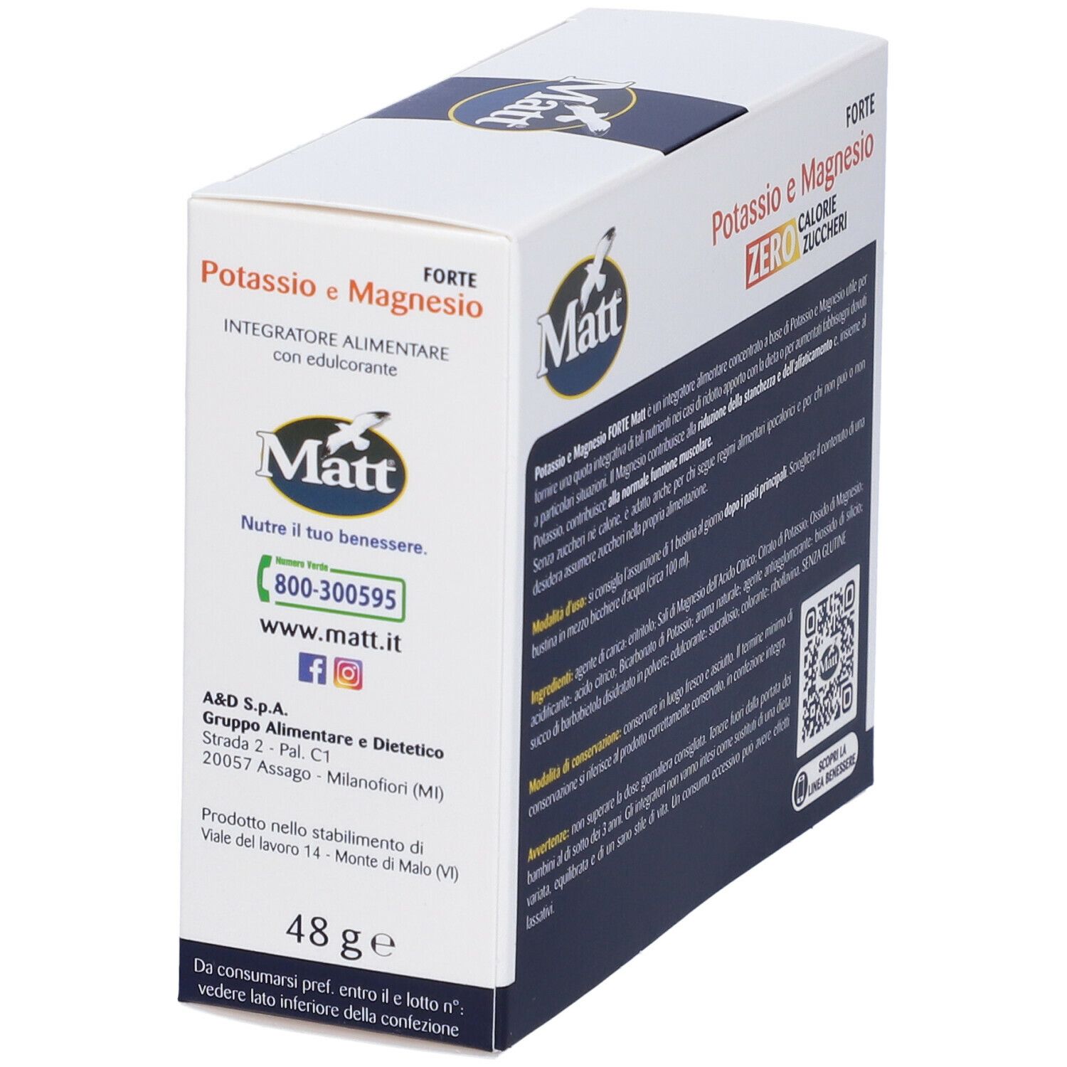 Scatola bianca con informazioni sul prodotto. Scritto: Potassio e Magnesio Forte. Contiene contatti e codice QR.