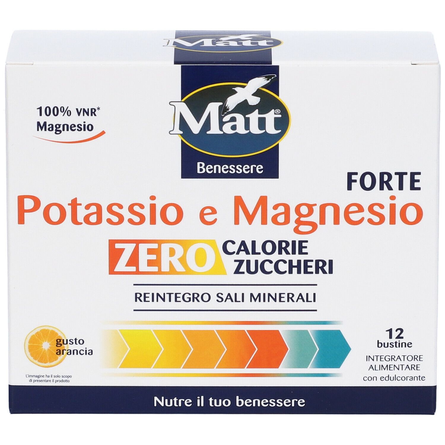 Scatola bianca con logo e nome del prodotto. Contiene 12 bustine. Scritto: Potassio e Magnesio Forte, Zero Calorie Zuccheri.