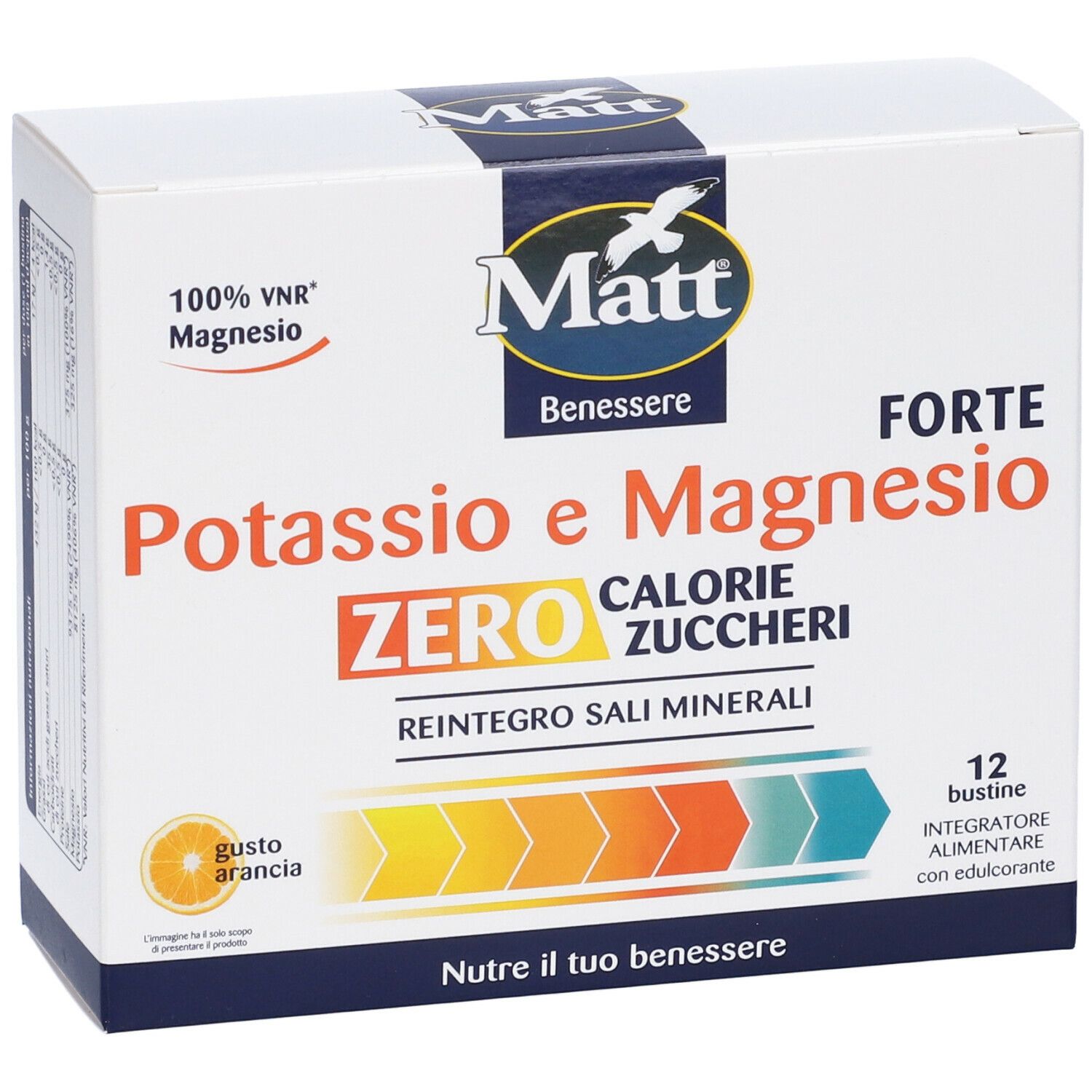 Scatola bianca con logo e nome del prodotto. Contiene 12 bustine. Scritto: Potassio e Magnesio Forte, Zero Calorie Zuccheri.