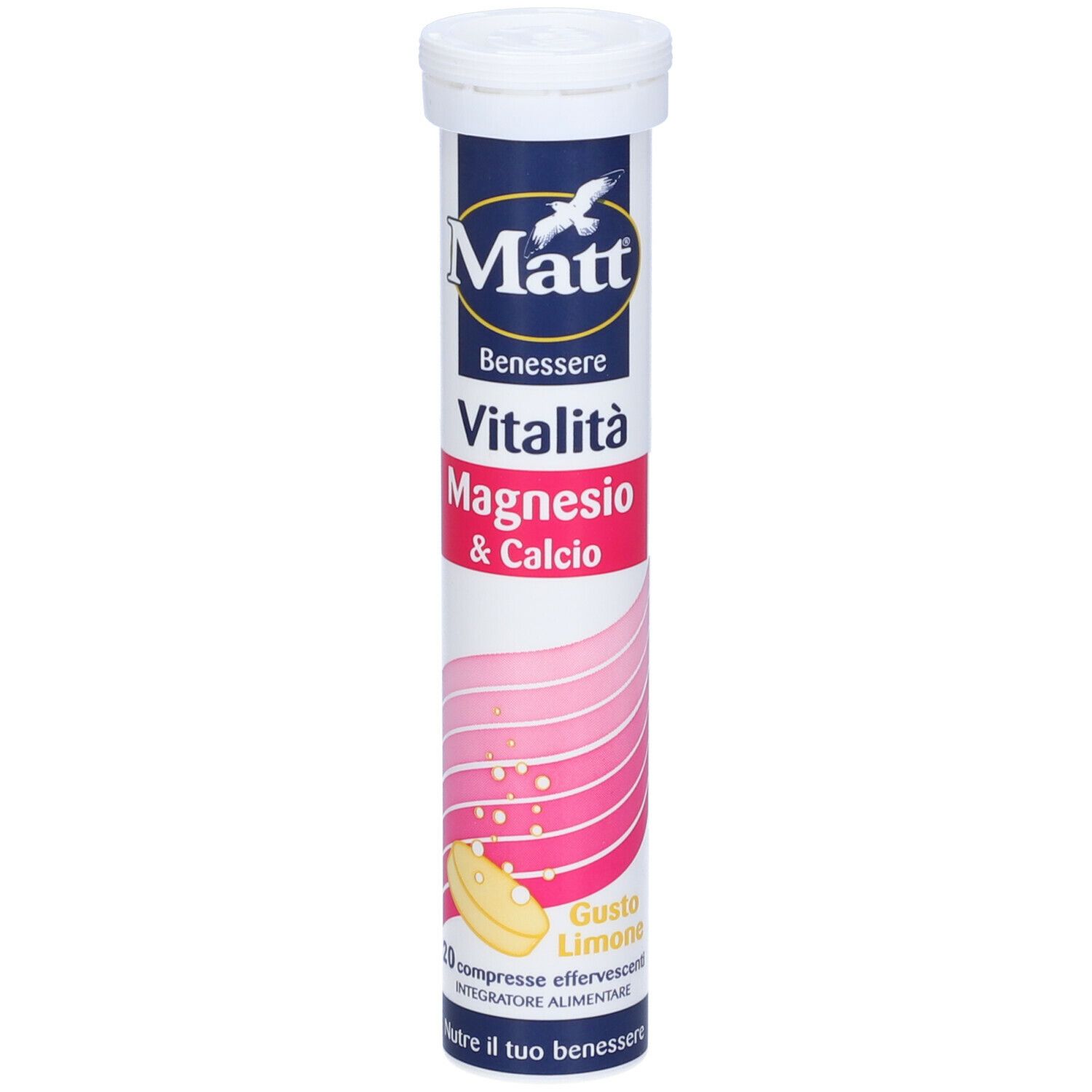 Tubo cilindrico con tappo bianco. Scritta: Matt, Benessere, Vitalità, Magnesio & Calcio. Gusto Limone. 20 compresse effervescenti.