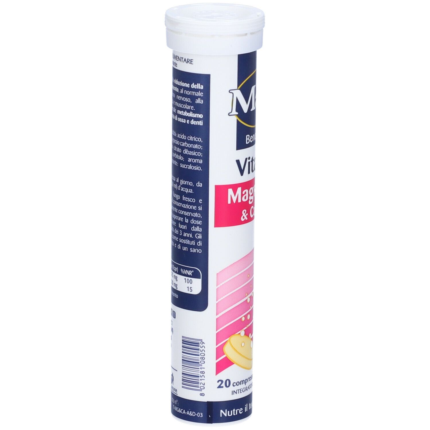 Tubo cilindrico con tappo bianco. Scritta: Matt, Benessere, Vitalità, Magnesio & Calcio. Contiene 20 compresse. Ingredienti e dosaggio.