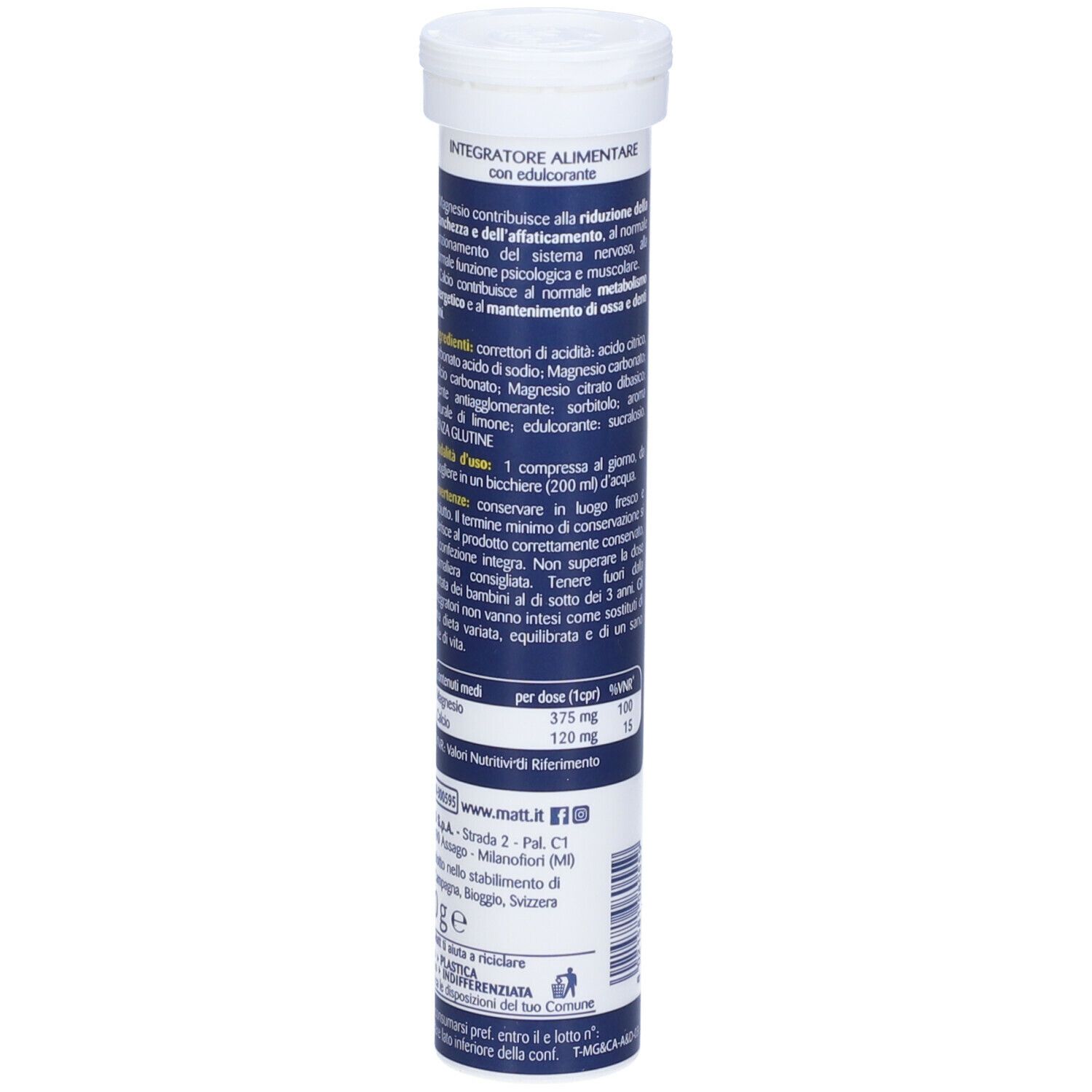 Tubo cilindrico con tappo bianco. Scritta: Matt, Benessere, Vitalità, Magnesio & Calcio. Contiene 20 compresse. Informazioni nutrizionali.