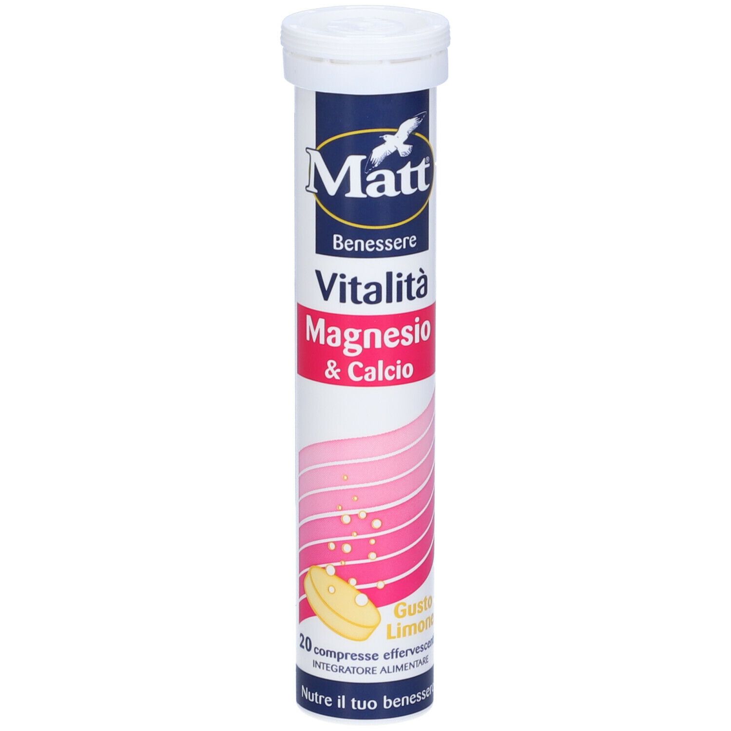 Tubo cilindrico con tappo bianco. Scritta: Matt, Benessere, Vitalità, Magnesio & Calcio. Gusto Limone. 20 compresse effervescenti.
