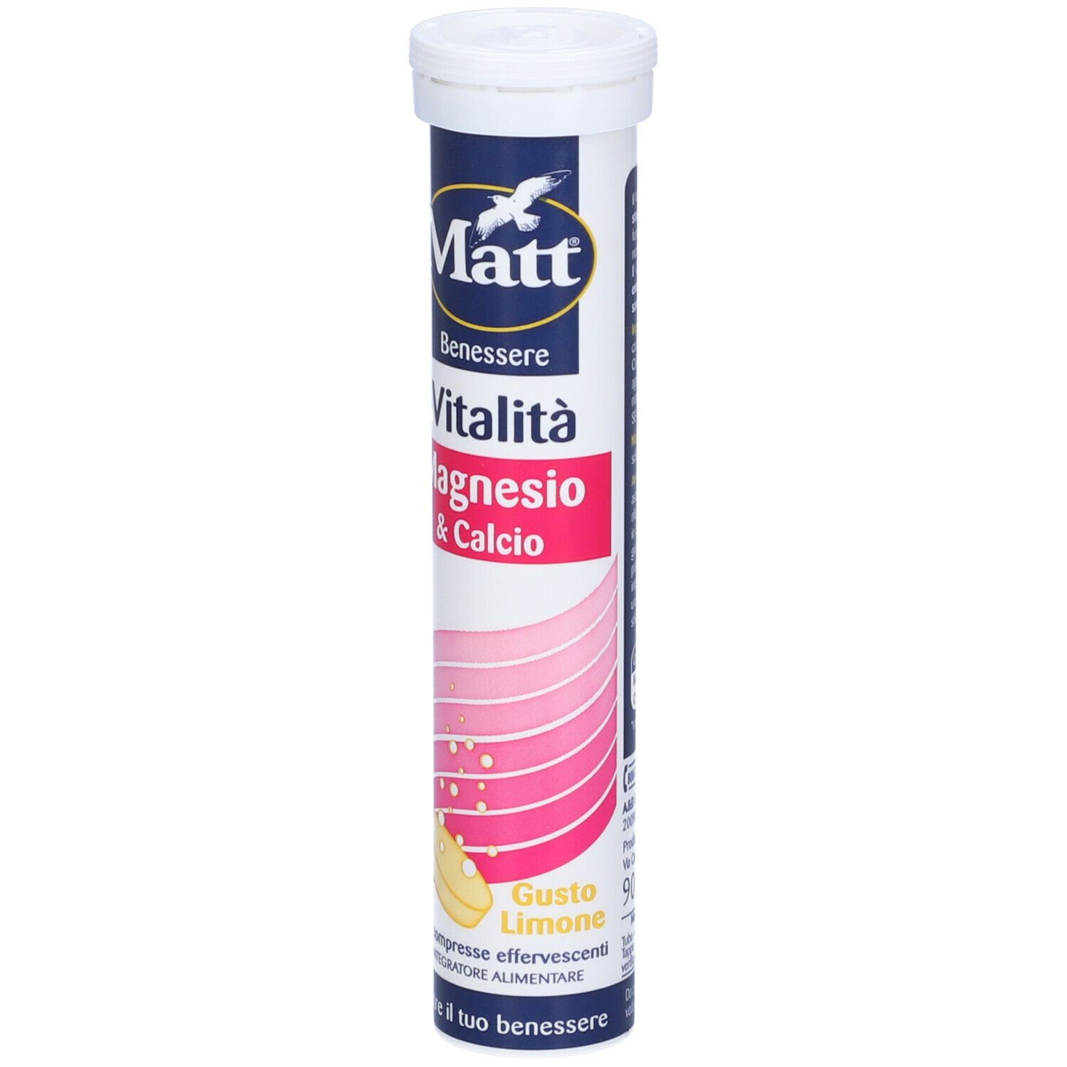 Tubo cilindrico con tappo bianco. Scritta: Matt, Benessere, Vitalità, Magnesio & Calcio. Gusto Limone. 20 compresse effervescenti.