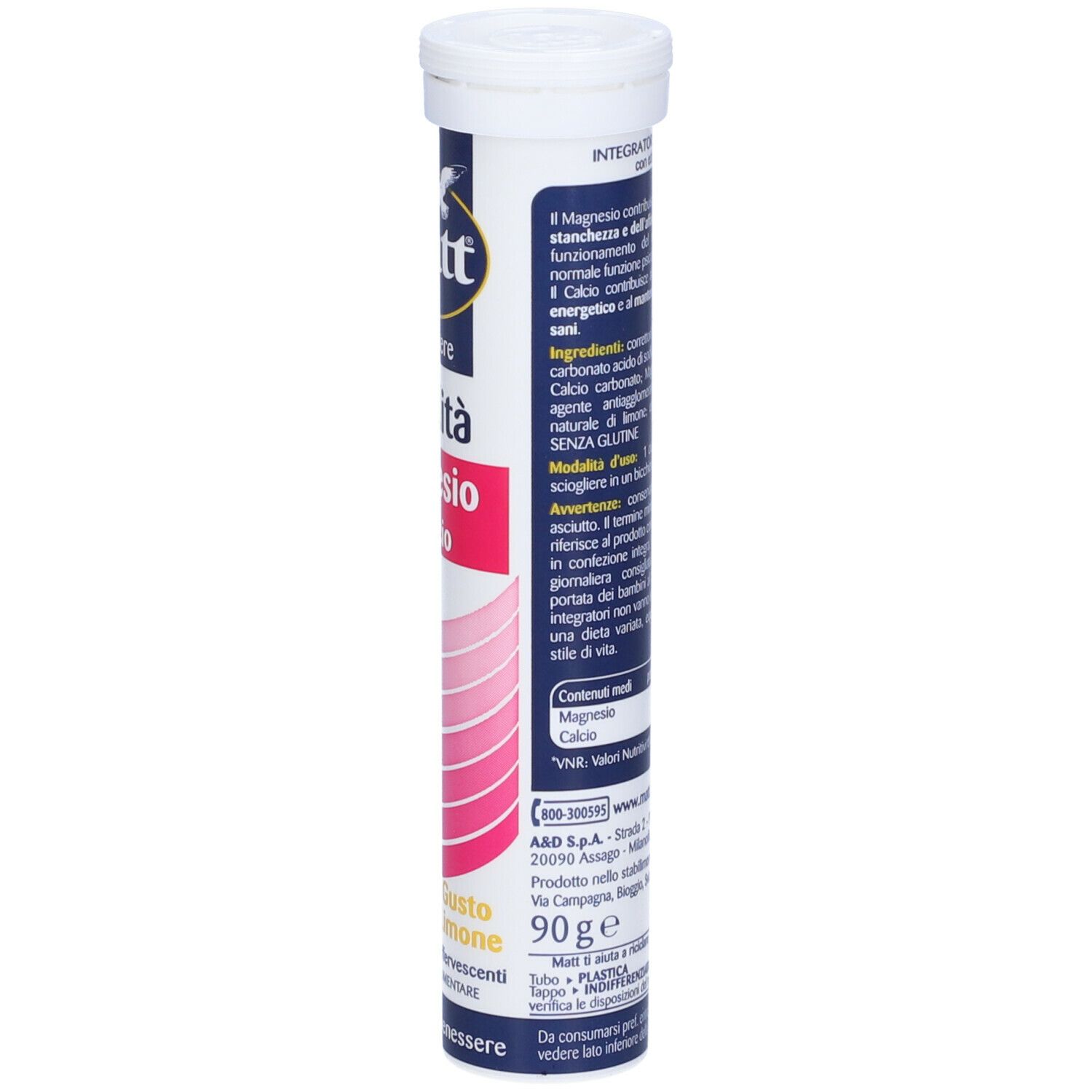 Tubo cilindrico con tappo bianco. Scritta: Matt, Benessere, Vitalità, Magnesio & Calcio. Gusto Limone. 90g.