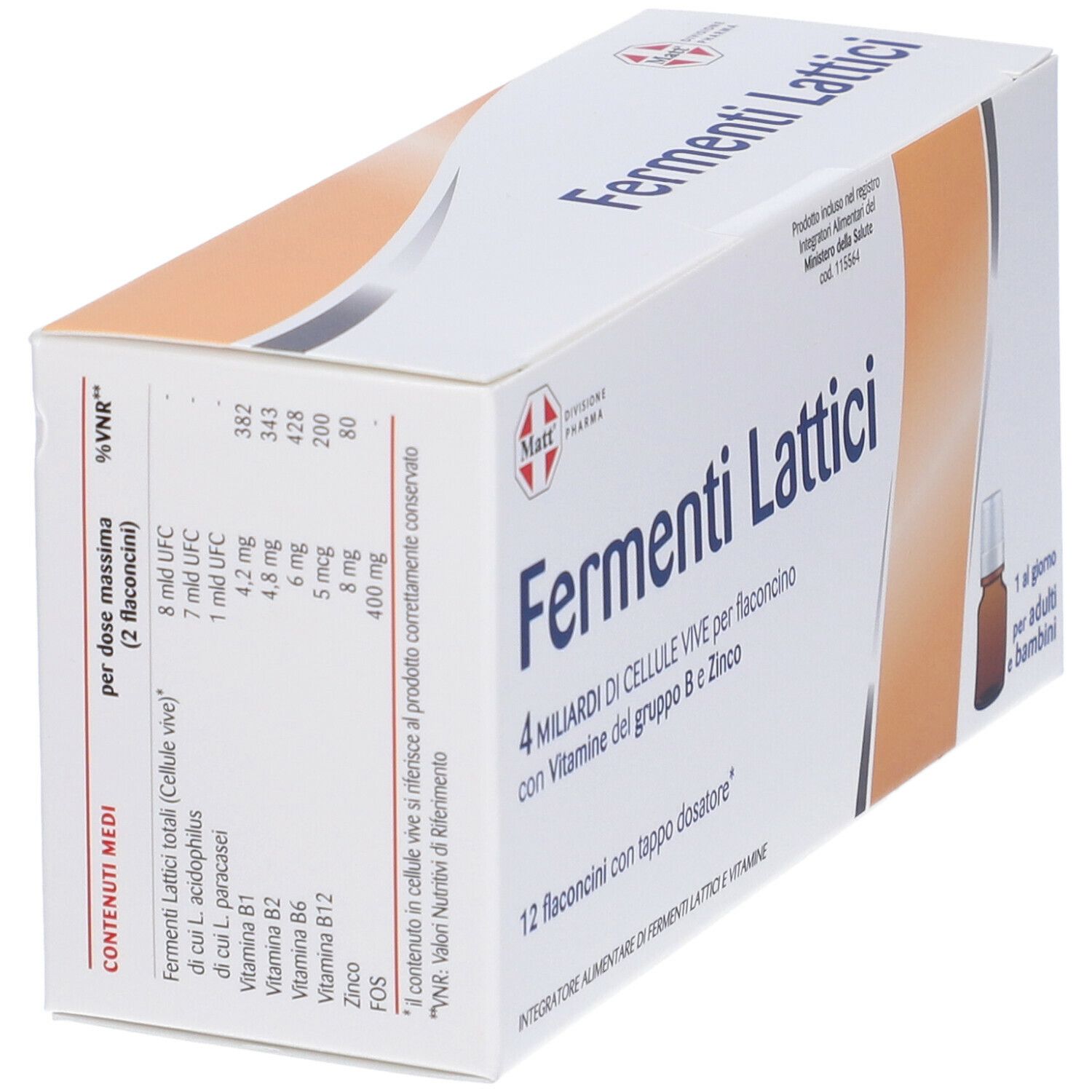 Confezione angolata. Scritta: 4 miliardi di cellule vive, vitamine B e zinco. 12 flaconcini.