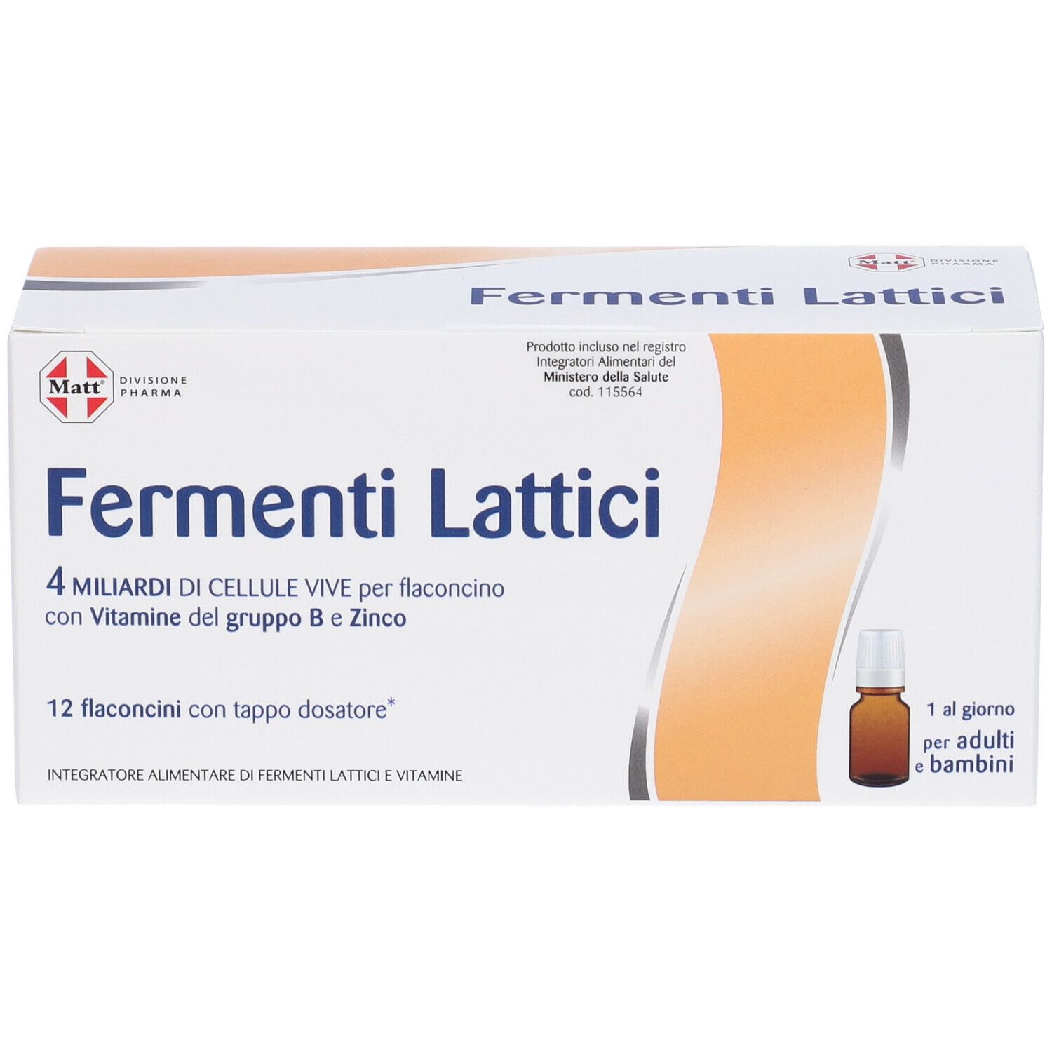 Confezione con flacone. Scritta: 4 miliardi di cellule vive, vitamine B e zinco. 12 flaconcini.