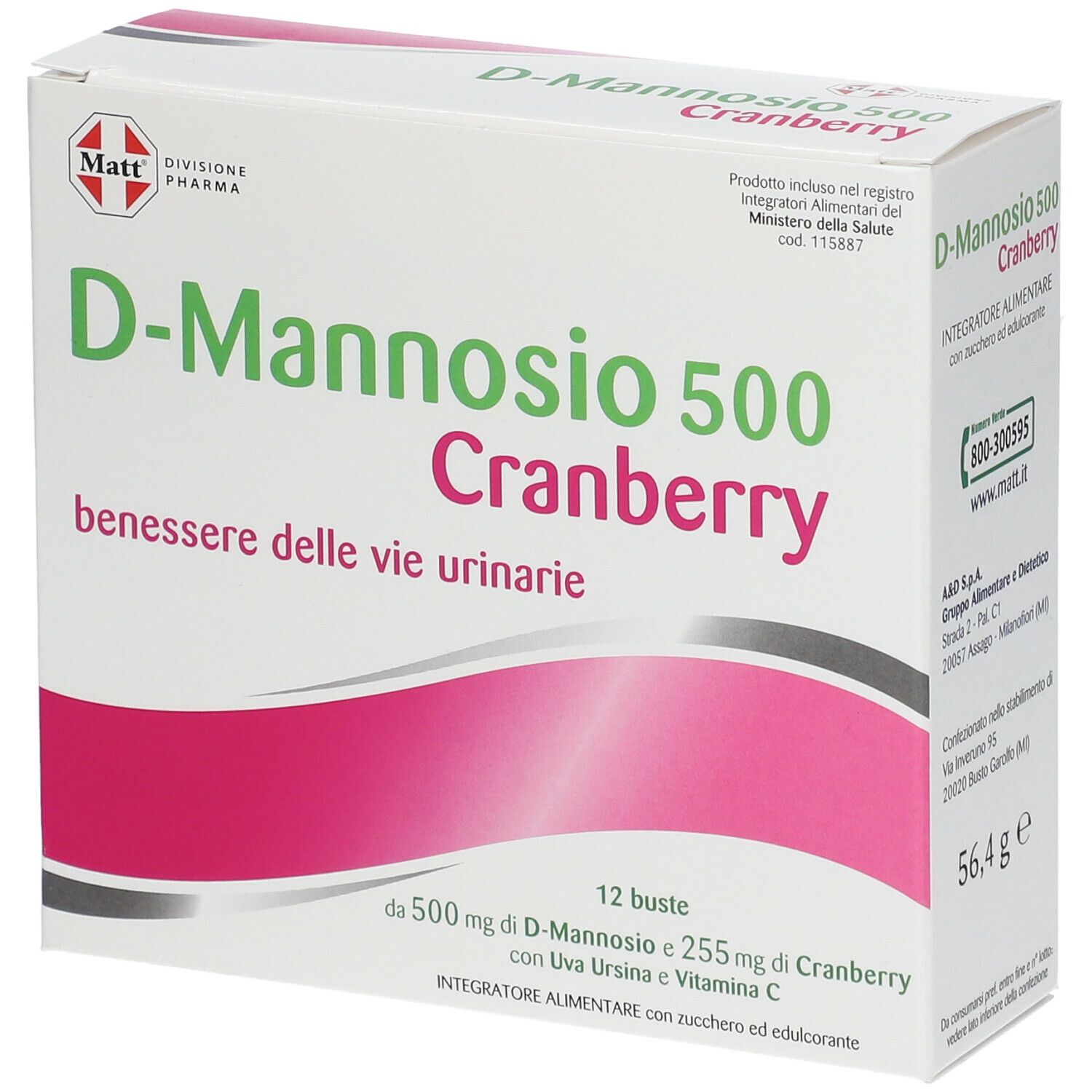 Scatola di Matt Pharma D-Mannosio 500 Cranberry. Confezione bianca con nome e logo. 12 bustine.