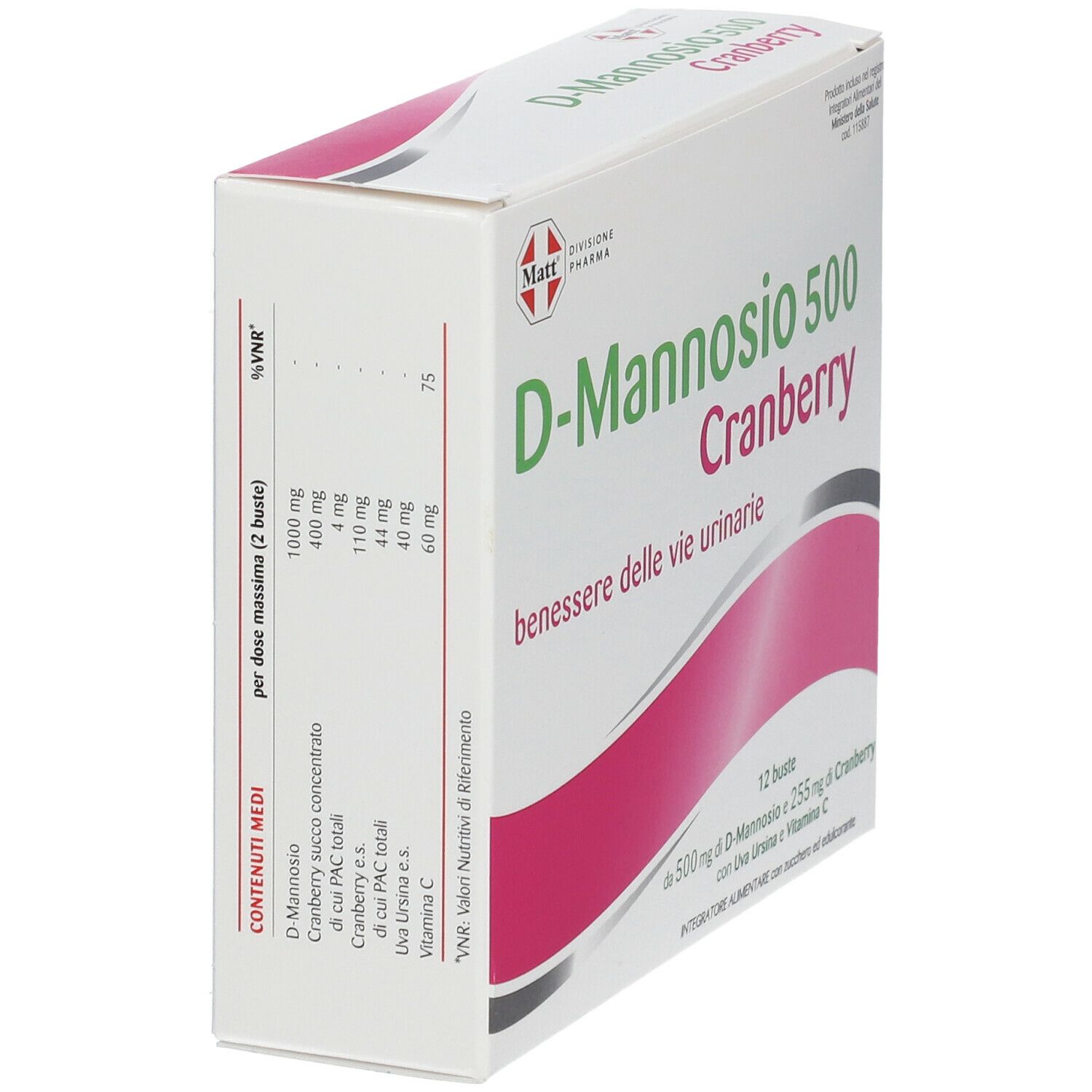 Scatola Matt Pharma D-Mannosio 500 Cranberry. Confezione bianca, nome e logo. Vista laterale.