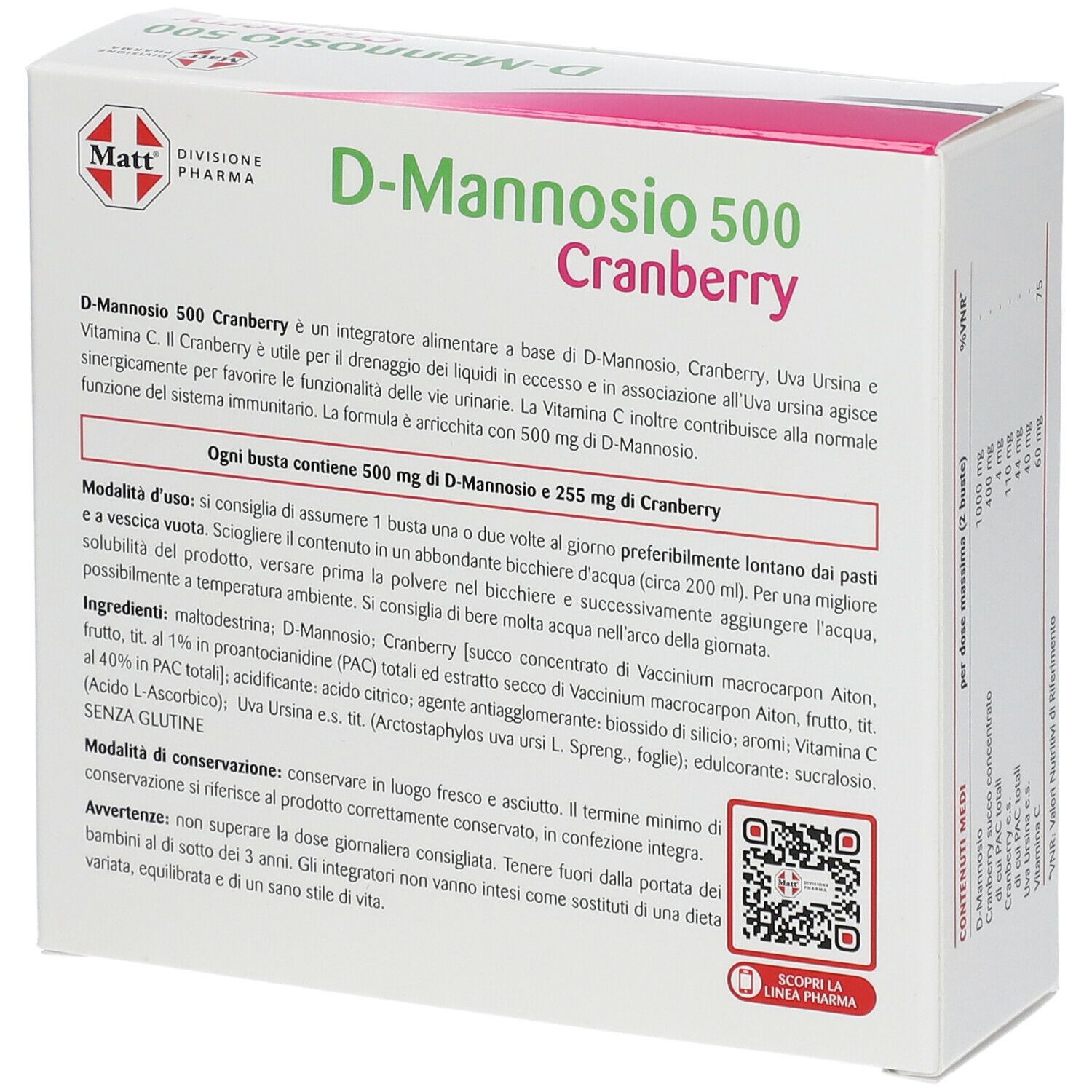 Scatola Matt Pharma D-Mannosio 500 Cranberry. Informazioni testuali su scatola bianca. Codice QR.